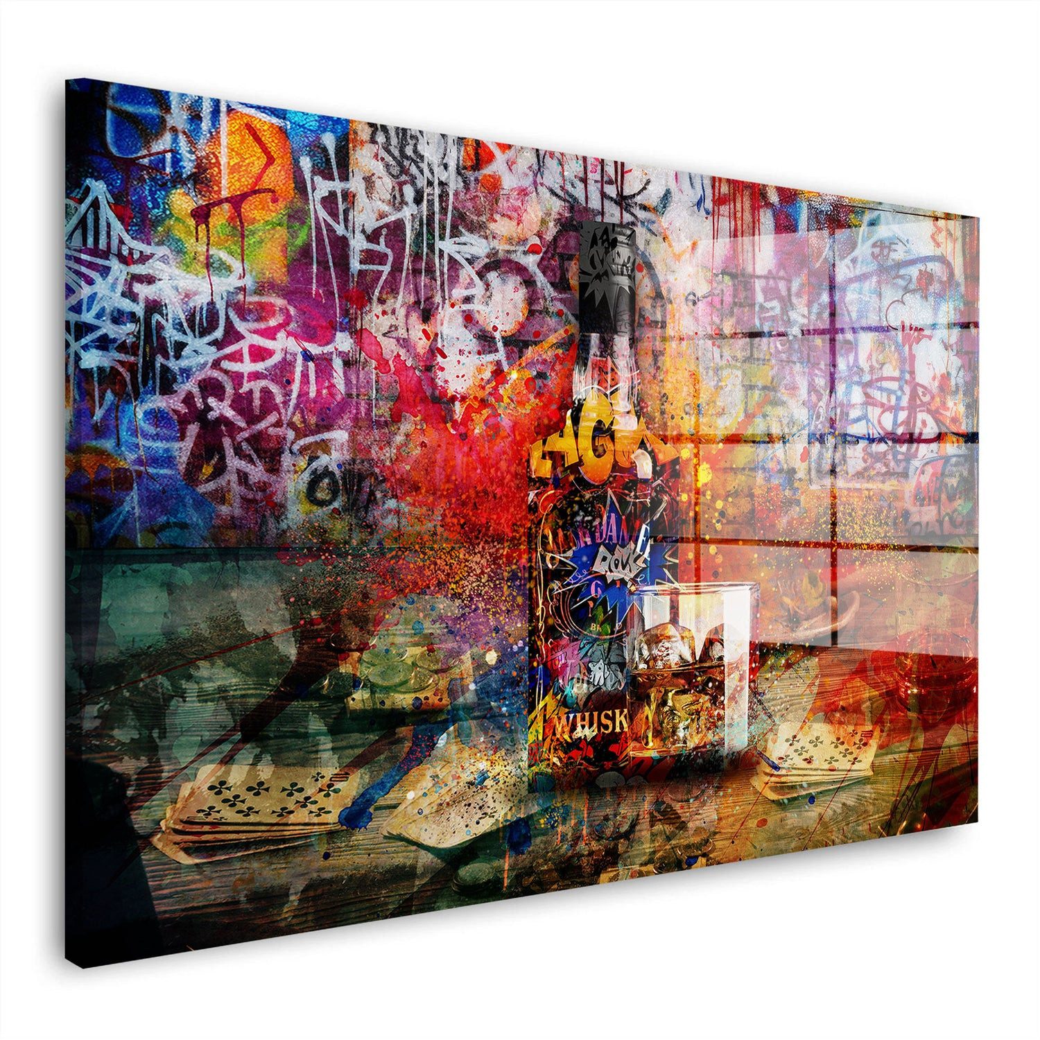 Artedinoi Acrylglasbild Whisky Acrylglasbild Wandbild Graffiti Pop Art Gold Lifestyle XXL, Edles Whisky-Glas im Graffiti-Pop-Art-Stil