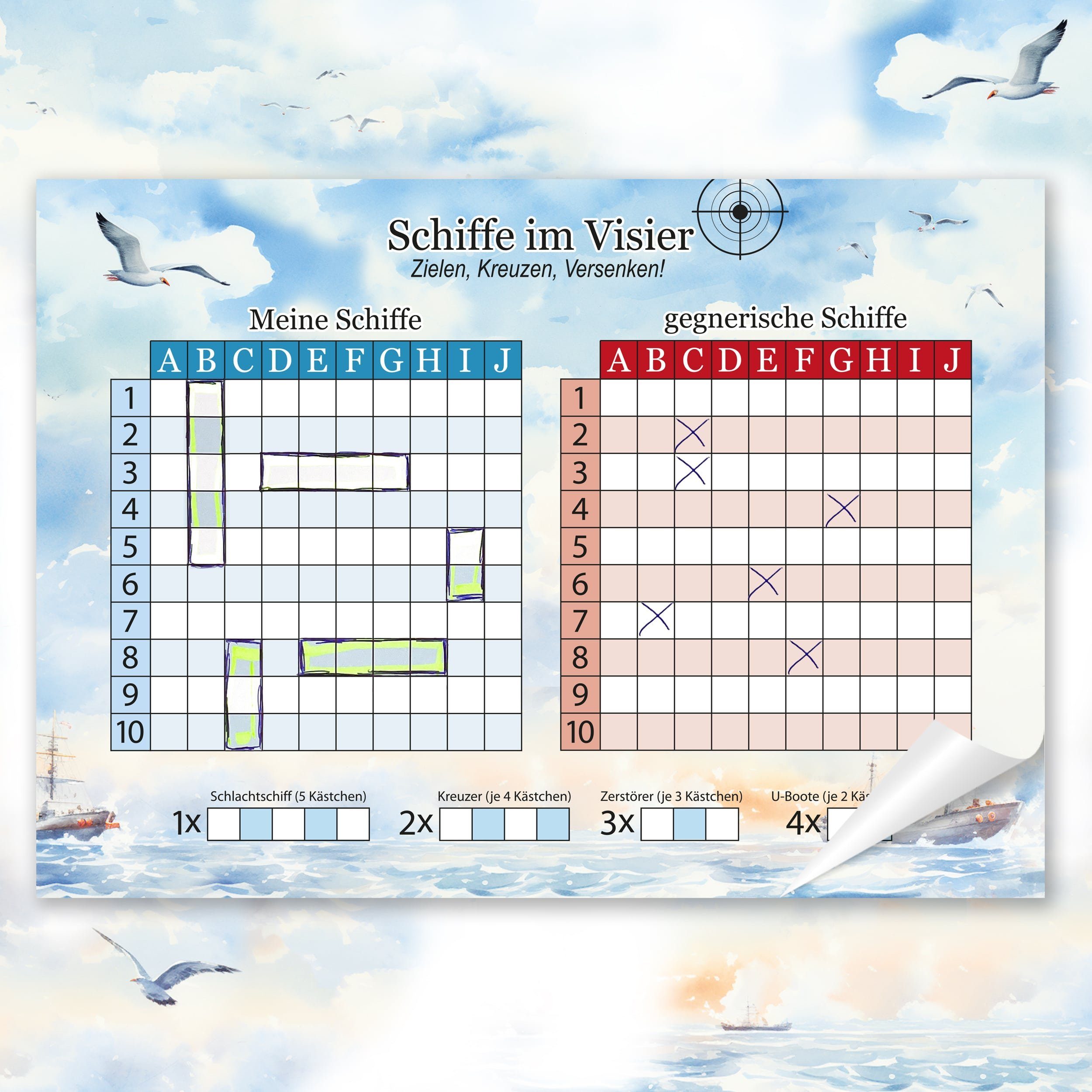 TOBJA Spiel Schiffe versenken A4 Block extra groß 50 Blatt Spiel, Schiffe versenken, Strategiespiel Flottenmanöver XL Senioren