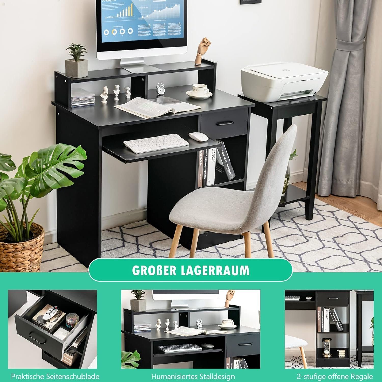 KOMFOTTEU Schreibtisch Arbeitstisch, mit Tastaturauszug, schwarz Office für Home