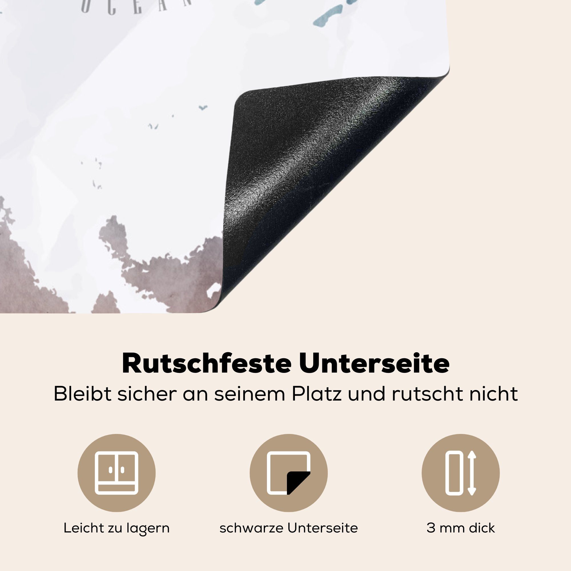 Blau 78x78 Vinyl, (1 - cm, Ceranfeldabdeckung, für MuchoWow Herdblende-/Abdeckplatte - Weltkarte Arbeitsplatte küche Ölfarbe, tlg),