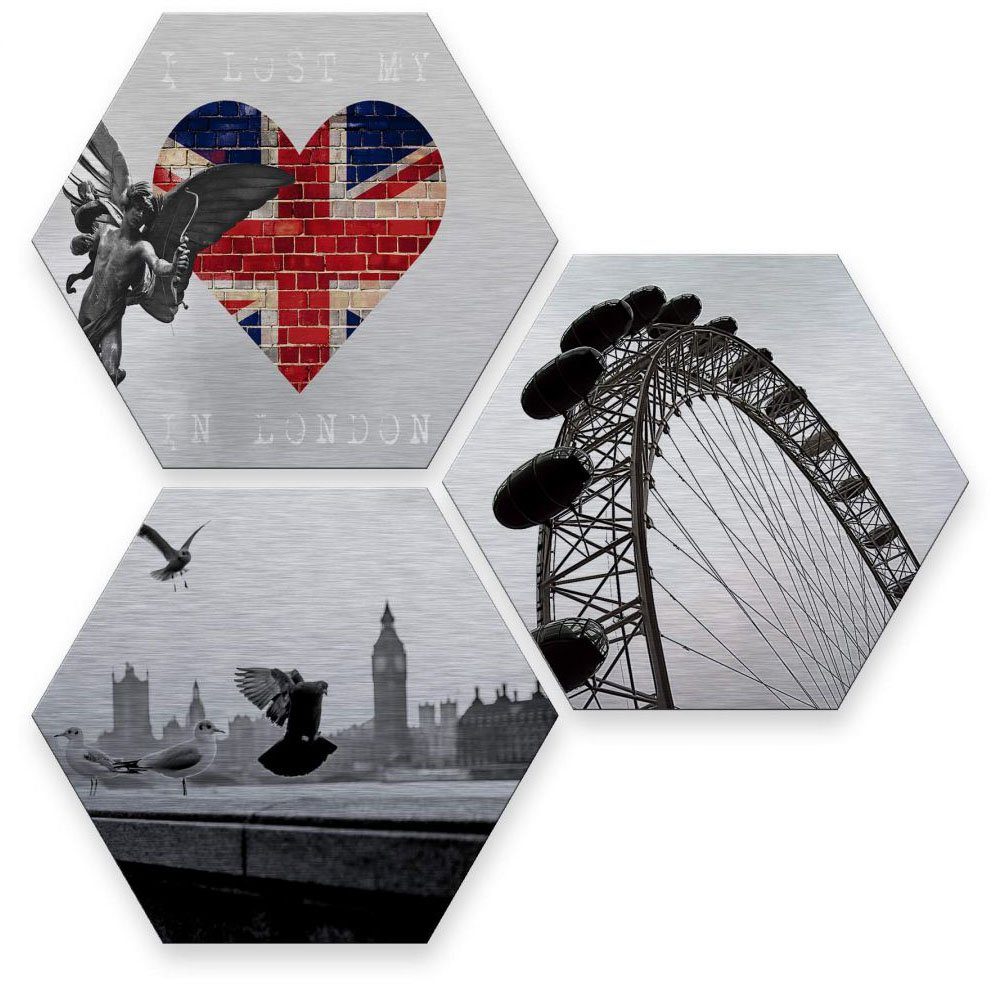 Wall-Art Mehrteilige Bilder Silber London St), (Set, Collage, 3 Collage Stadt Metallschild