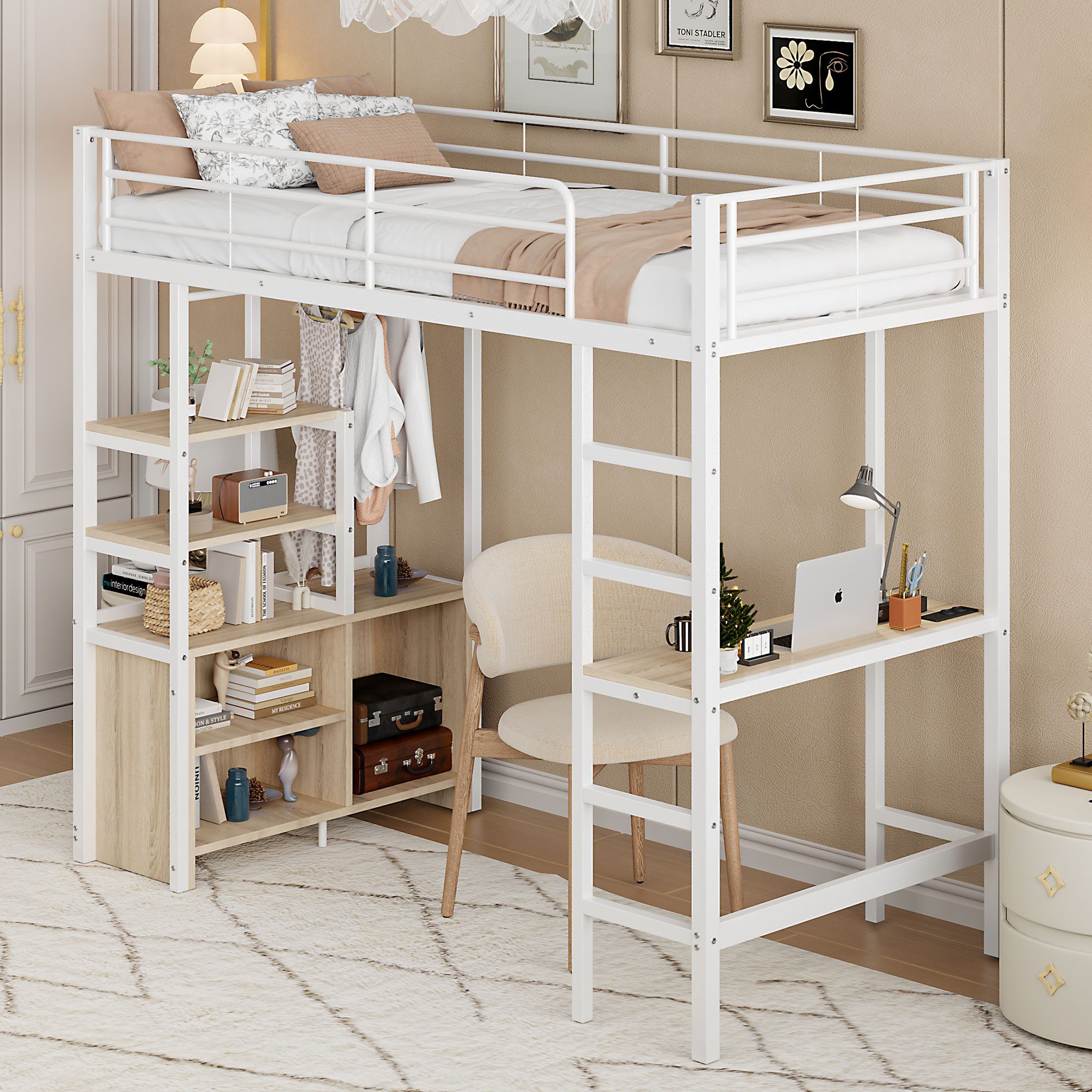 STILVORA Hochbett erwachsene 90×200 mit Schreibtisch,Jugendbett mit USB,ohne matratze (mit Schreibtisch, USB-Anschluss, Stauraumregale & Geländer, für Kinder & Jugendliche 90x200 cm) Ohne Matratze
