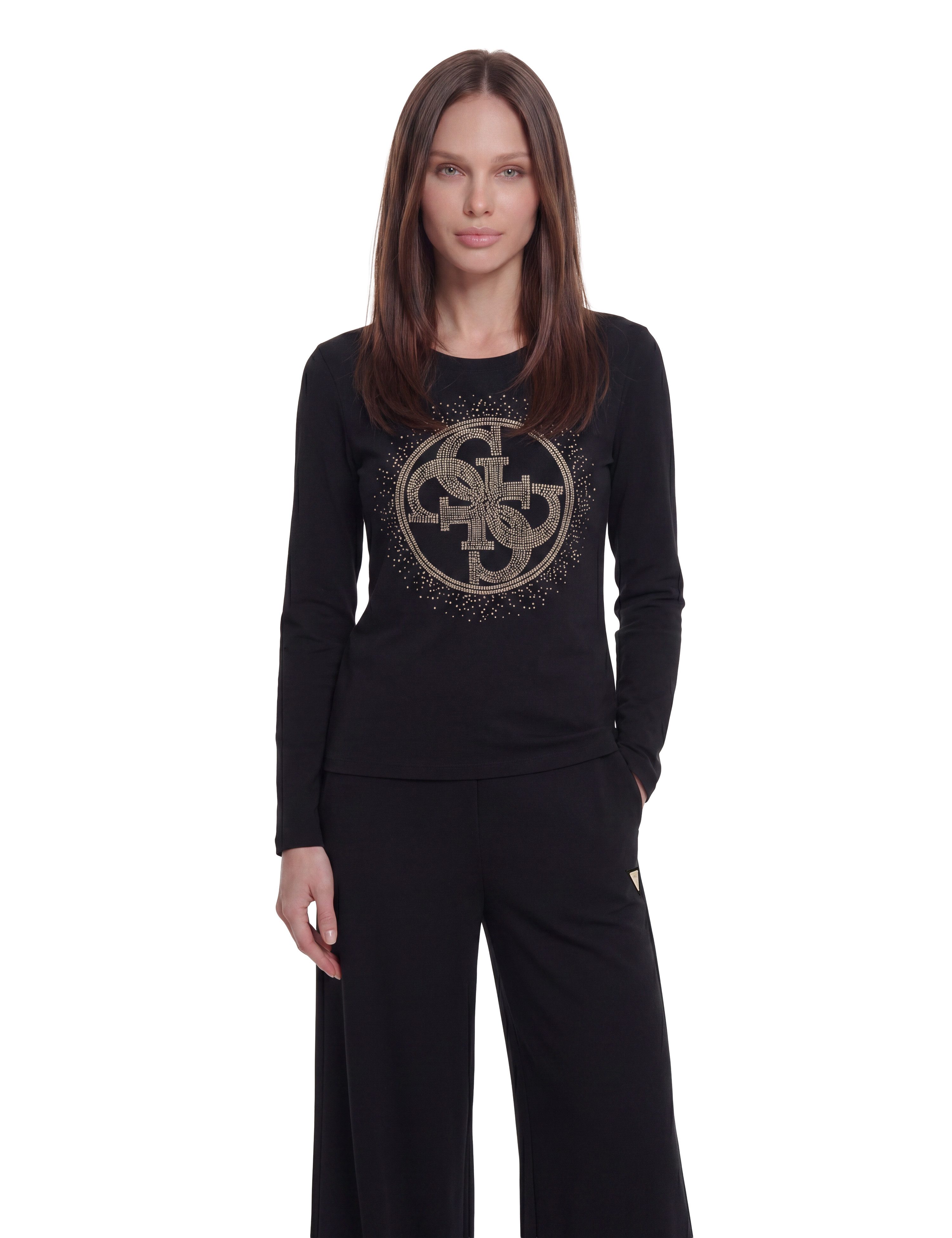 Guess Langarmshirt LS CN 4G ROUND CRYSTALS LOGO mit Nietenbesatz, Slim Fit