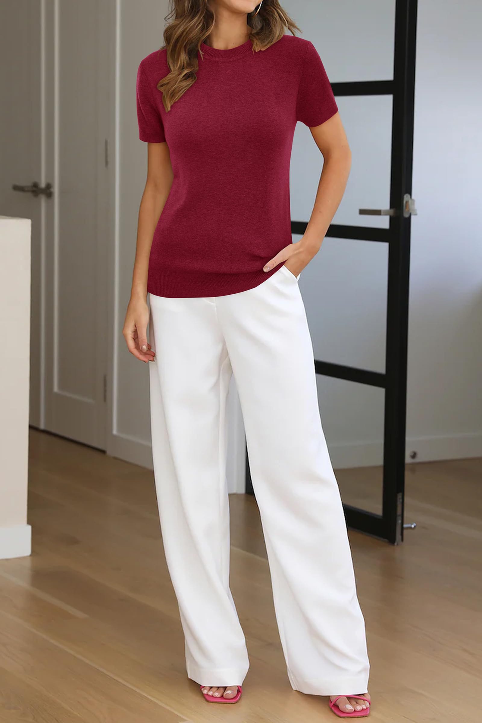Arach&Cloz Strickpullover Damen Pullover Wolle Strickpullover Rundhals Strick Top Kurzarmshirt