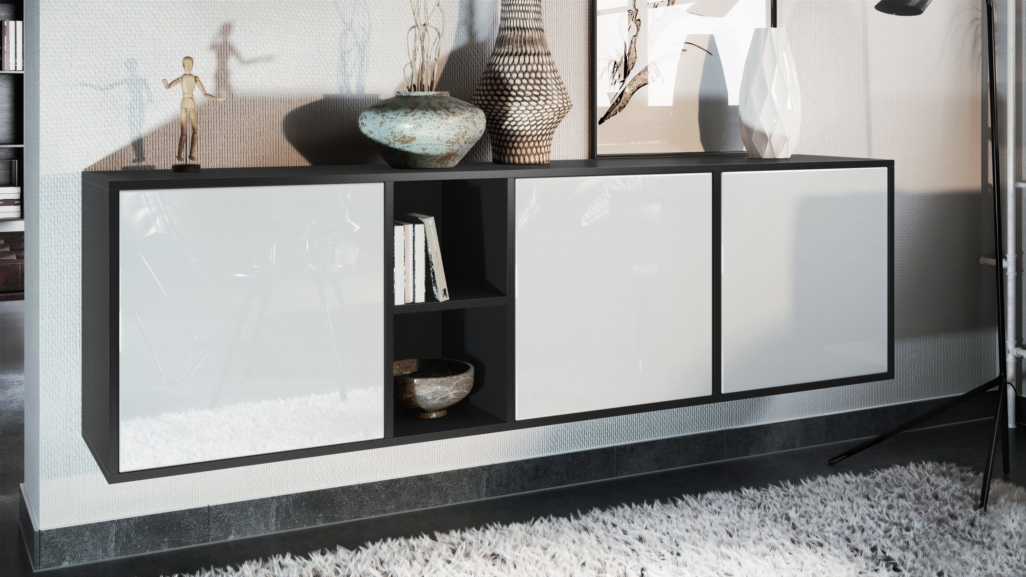 Vladon Sideboard Cuba (Kommode, mit 3 Türen und 2 offene Fächer), Schwarz matt/Weiß Hochglanz (182 x 53 x 35 cm)
