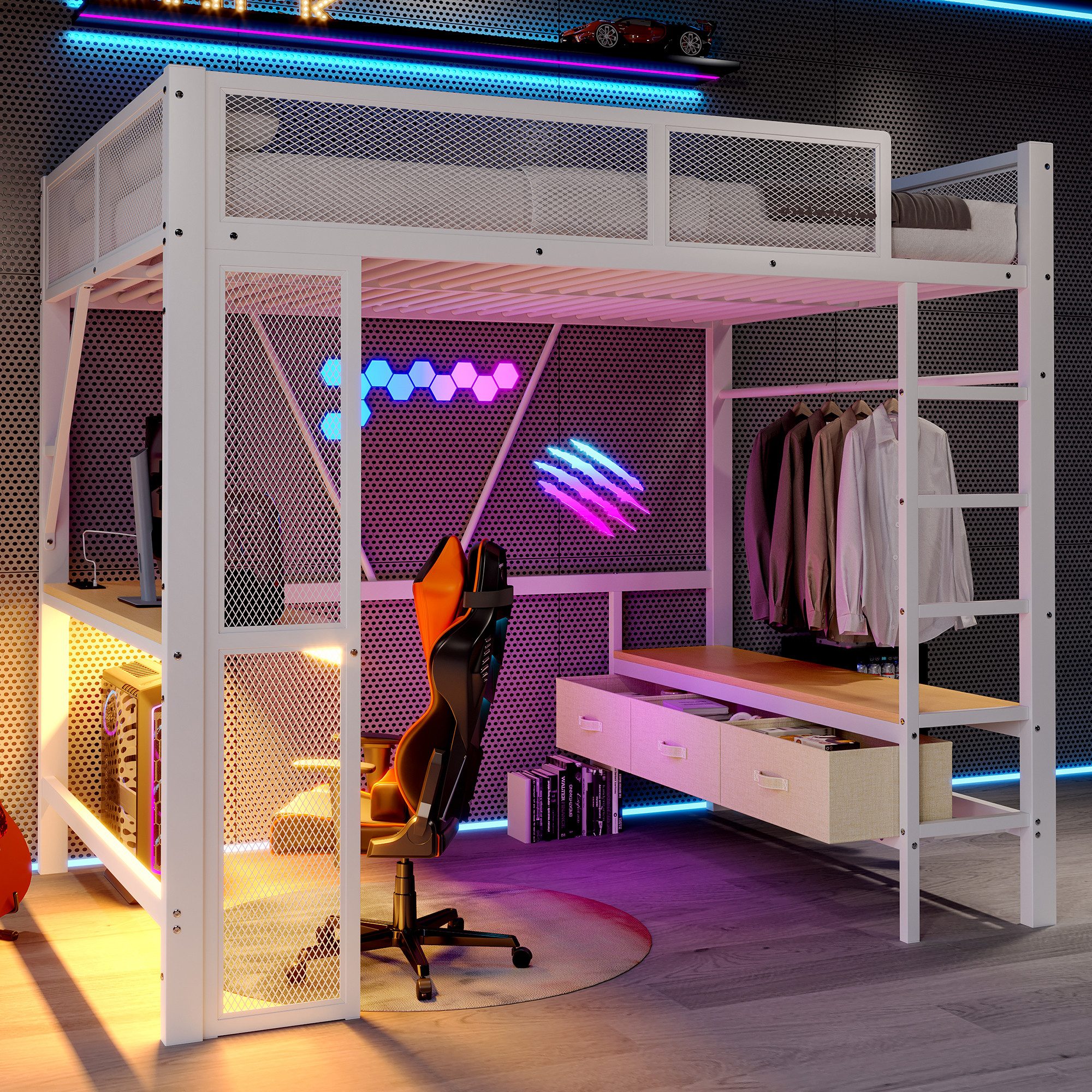 Merax Hochbett 140x200cm mit LED-Beleuchtung und USB (1-St., Etagenbett Jugendbett Einzelbett) Metallbett mit Schreibtisch, offenem Kleiderschrank und 3 Schubladen