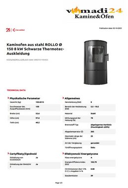 Kratki Kaminofen KAMINOFEN AUS STAHL ROLLO Ø 150 7 KW SCHWARZE THERMOTEC, 7,00 kW