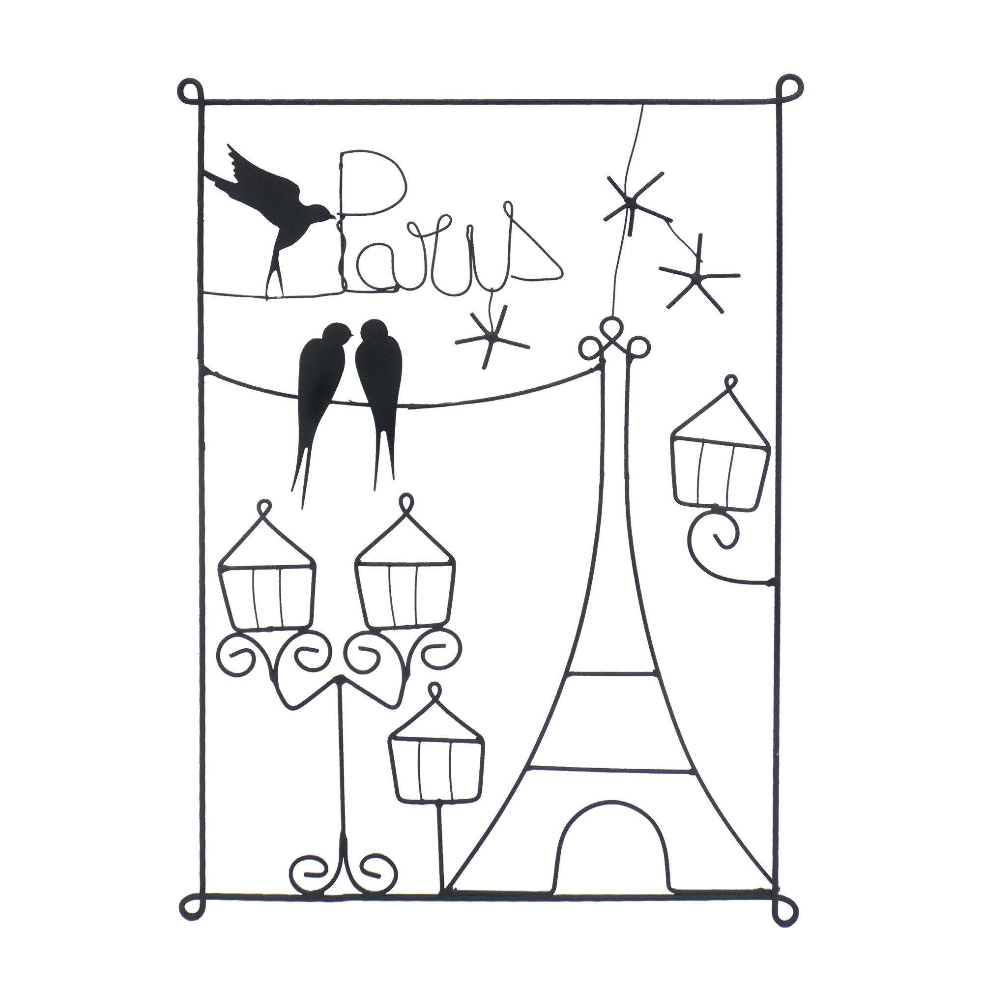 UNUS HOME Wanddekoobjekt Wanddeko Eiffelturm mit Paris-Schriftzug und Vögeln aus Metall (ca. 50 cm hoch und 35 cm breit), Metallbild, schwarz, Wohnaccessoire, Geschenkidee für Reisende