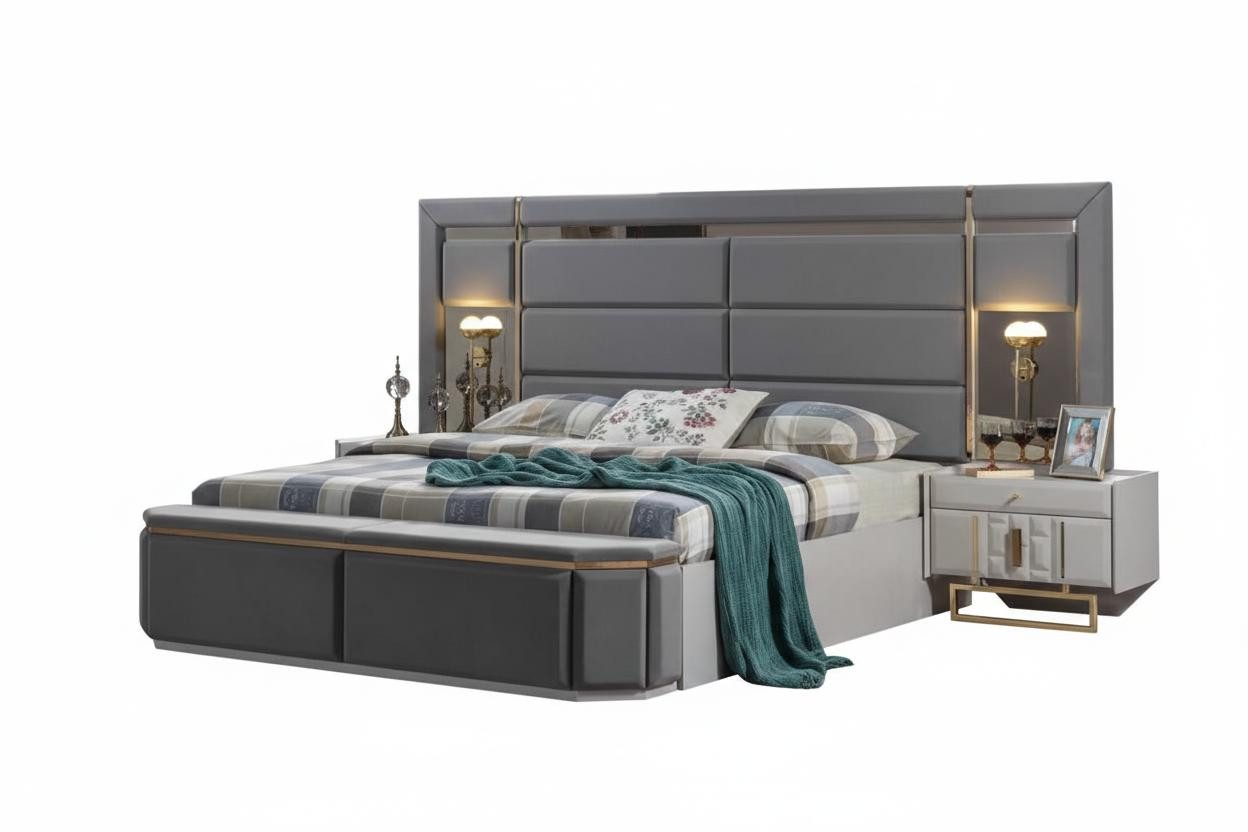 JVmoebel Schlafzimmer-Set Schlafzimmer Set Modern Grau Goldeinsätze Designer-Schlafzimmer Holz, (2-tlg)
