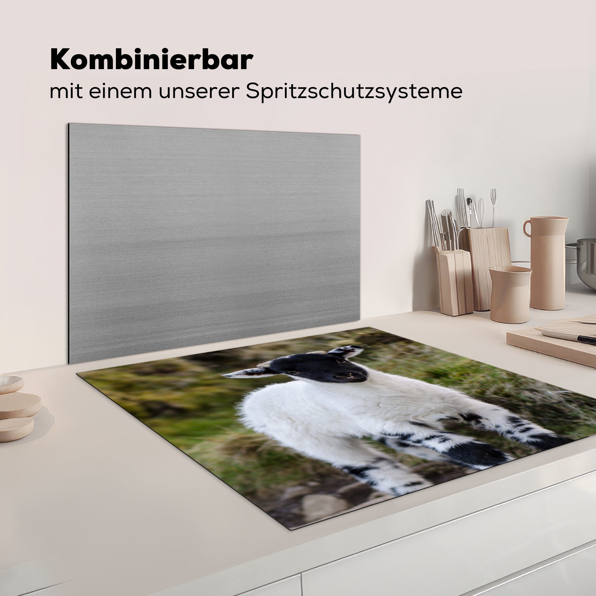 küche - cm, (1 tlg), Herdblende-/Abdeckplatte Weiß Tupfen, Vinyl, Ceranfeldabdeckung, Lamm - für Schwarz - MuchoWow Arbeitsplatte 78x78