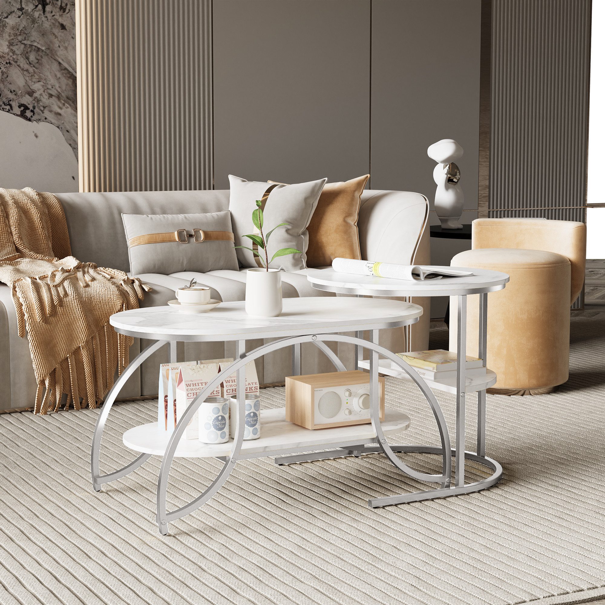 Furnishings Home Couchtisch Kaffeetisch 2er-Set runde Beistelltische aus Holz & Metall (2-St., Platzsparendes stapelbares Design, 80 x 46 x 45 cm + 52 x 51 cm), Moderne Kaffeetische für Wohnzimmer Schlafzimmer