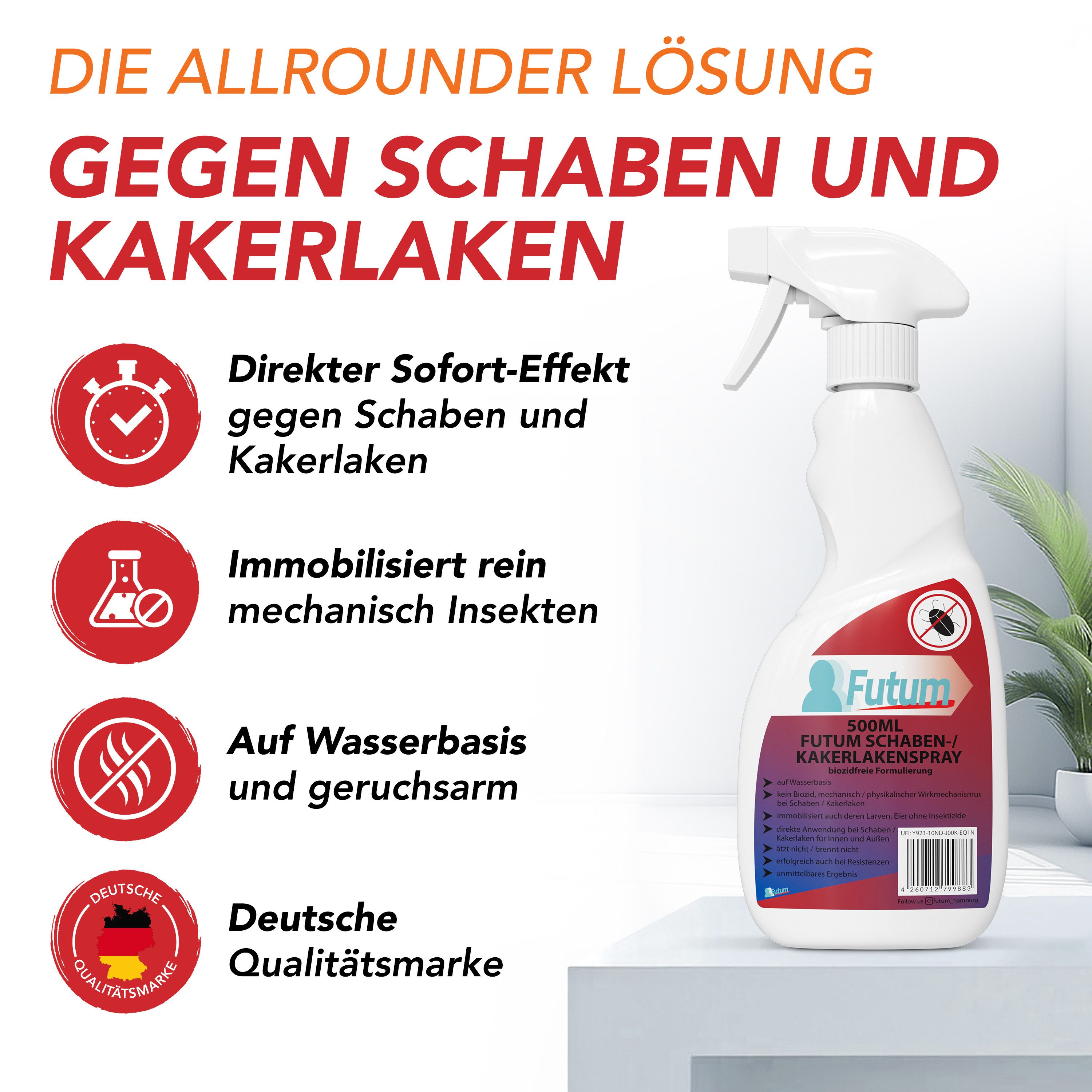 FUTUM Insektenspray Kakerlaken Spray Schaben Spray Küchenschaben Abwehr, 2 l, biozidfreie Formel, auf Wasserbasis, geruchsarm, brennt / ätzt nicht
