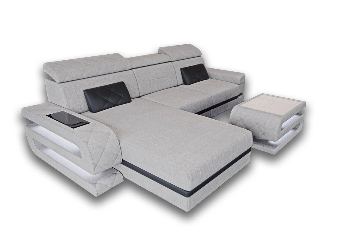 Sofa Dreams Ecksofa Stoff Couch Stoffsofa Bologna L Form Polstersofa, Webstoff Strukturstoff, mit LED, Ottomane, ausziehbare Bettfuntion, Designersofa