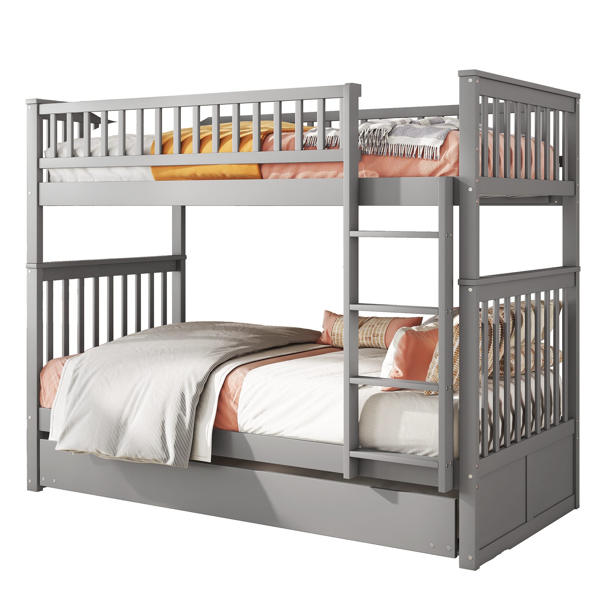 OKWISH Etagenbett Kinderbetten Dreierbetten mit Ausziehbett Hohe Geländer Stabile Treppe (90*200cm), ohne Matratze