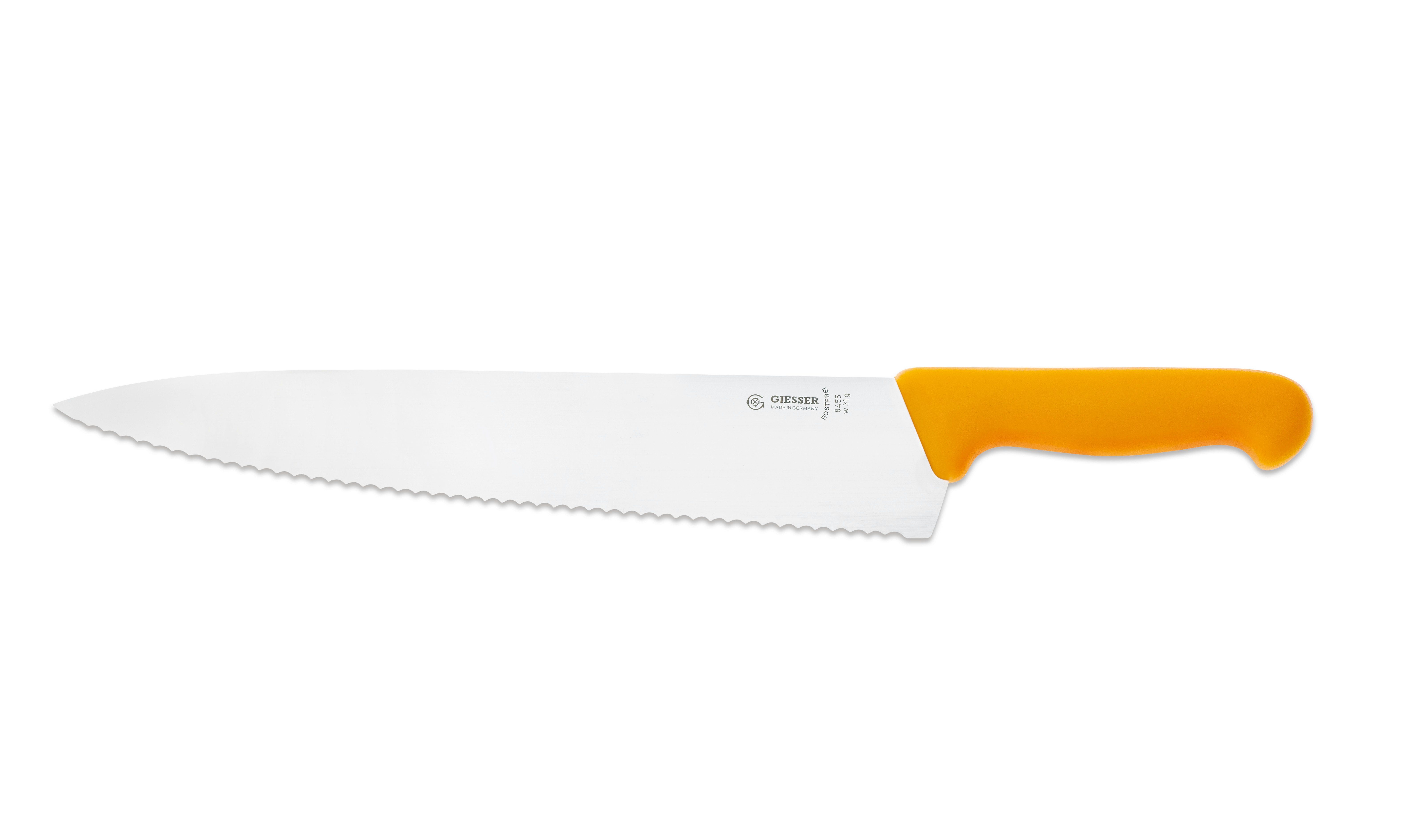 Giesser Messer Kochmesser Küchenmesser breit 8455, Rostfrei, breite Form, scharf, Handabzug, Ideal für jede Küche gelb-Welle