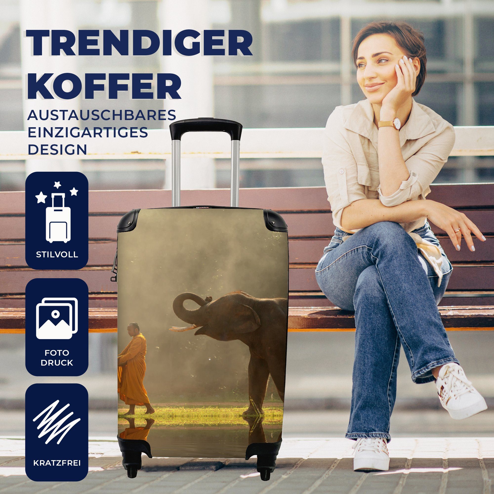 Handgepäck Elefant 4 - für Reisetasche - - rollen, Rollen, Reisekoffer mit Handgepäckkoffer Natur, Ferien, Trolley, Wasser Tiere MuchoWow