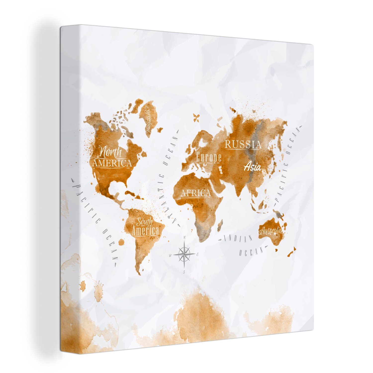 OneMillionCanvasses® Leinwandbild Karte - Gold - Welt, (1 St), Leinwand Bilder für Wohnzimmer Schlafzimmer