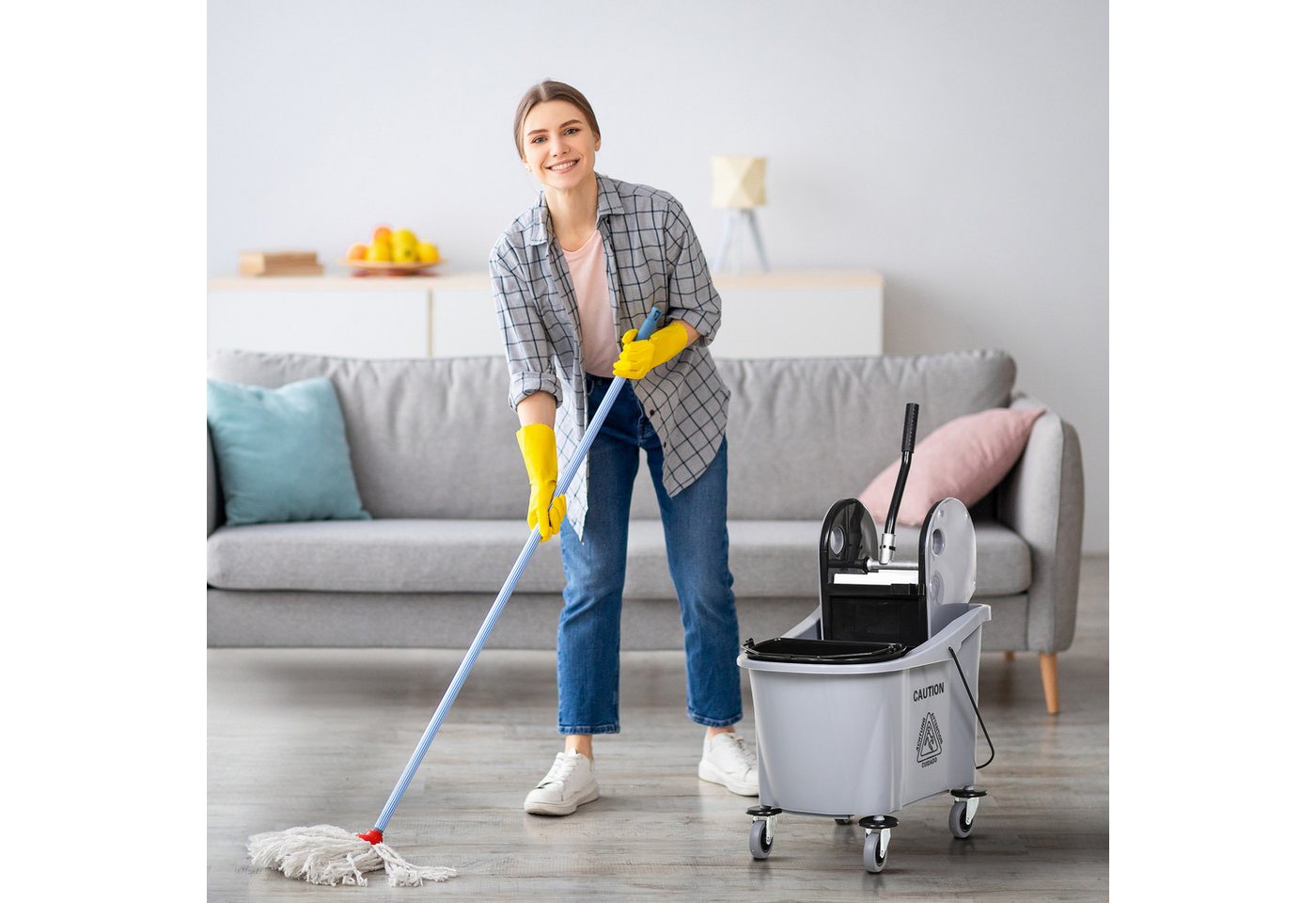 Thumbnail - HOMCOM Putzeimer mit Wringer Reinigungswagen, 4 bewegliche Räder, 2 separate Eimer, (Mop-Eimer, 1-tlg., Reinigungswagen)...