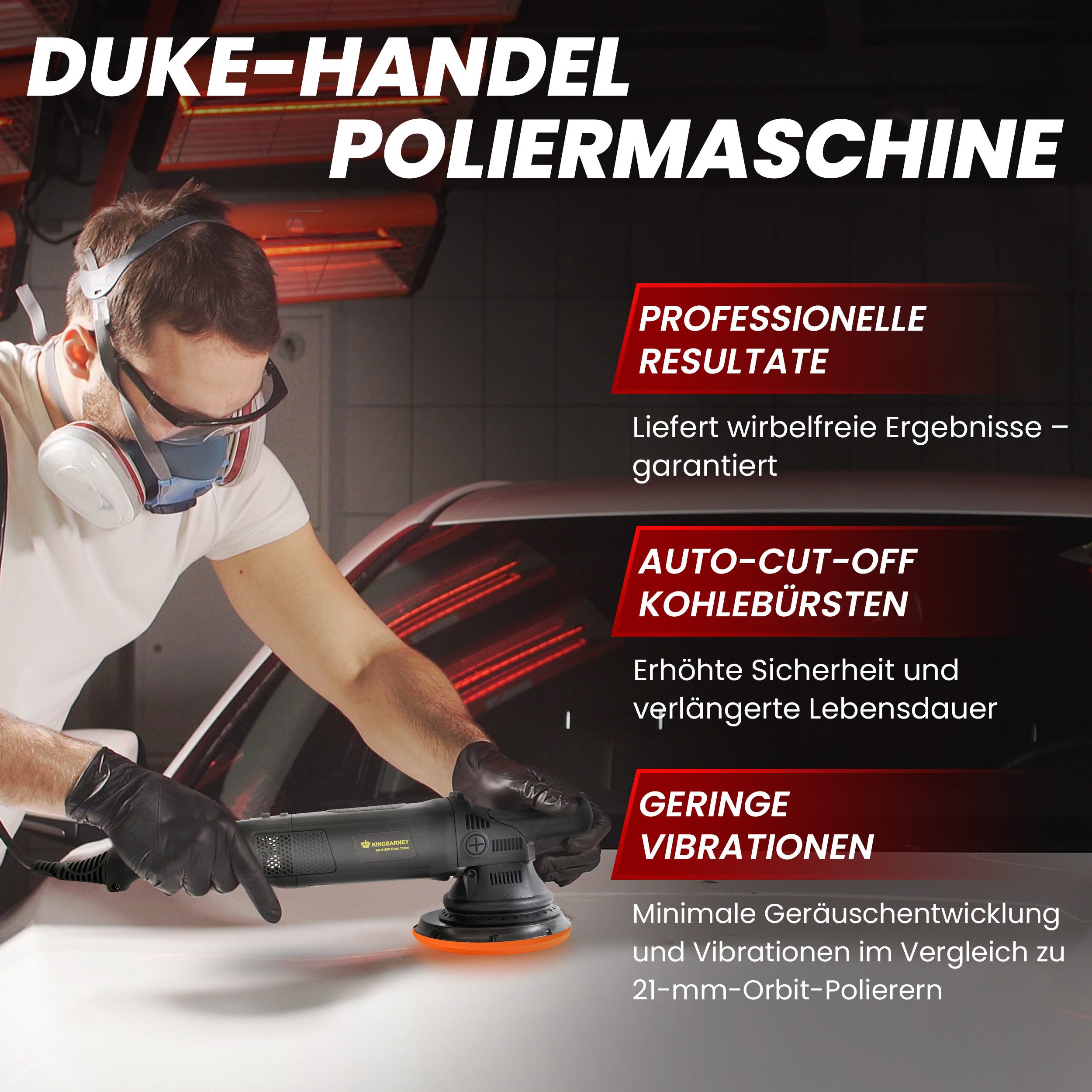 Duke-Handel Eccentric Polisher, Car Polisher, Sander, 810 Watt, 15 mm Stroke (M), 1650 min. RPM, 4800 max. RPM, (Set, 25 pcs., incl. extensive polishing and sanding accessories), without battery and charger, polisher for right- and left-handed users