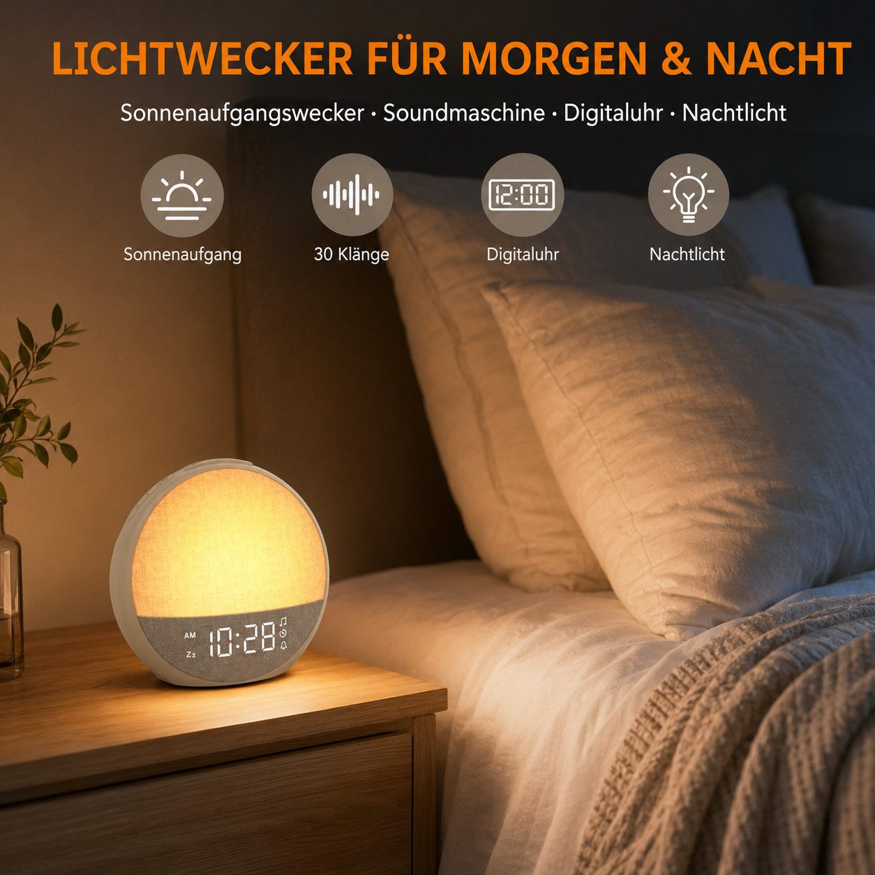 Tekoo Tageslichtwecker Lichtwecker mit Sonnenaufgang & Einschlafhilfe, 30 Klänge Sonnenaufgangssimulation, Einschlafhilfe, Dimmbares Nachtlicht