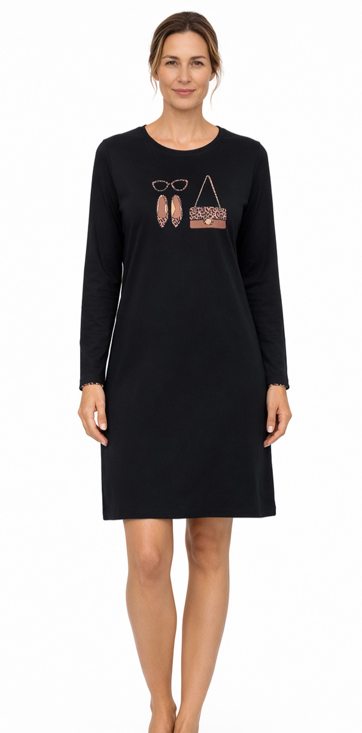 Ringella Nachthemd Ringella Damen Nachthemd Langarm Leo Schwarz (1-tlg) Damen Nachthemd mit Leo Shopping