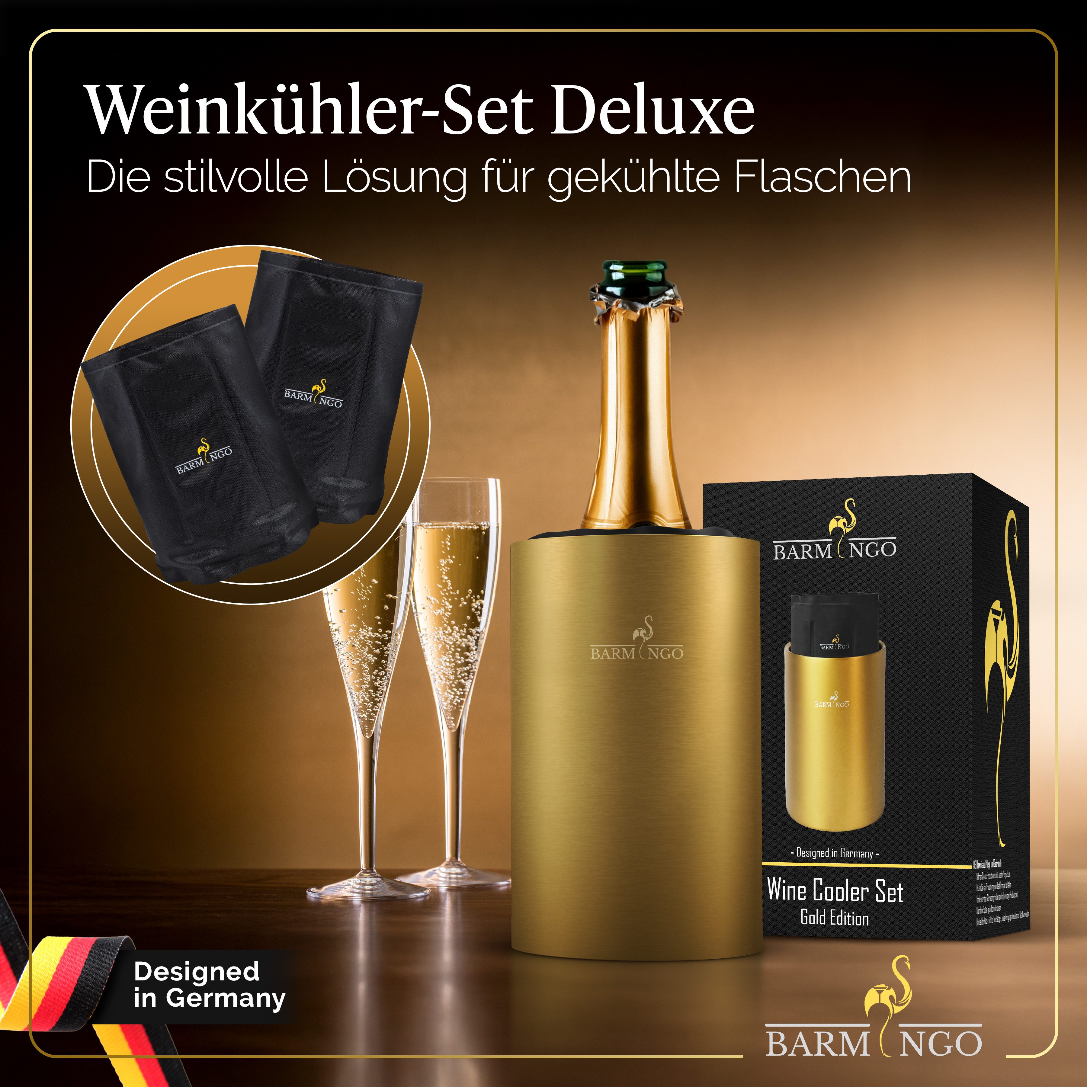 BARMINGO Wein- und Sektkühler Edelstahl mit 2 Kühlmanschetten, Weinflaschenkühler & Getränkekühler, doppelwandiger Flaschenkühler für Wein, Sekt & Champagner