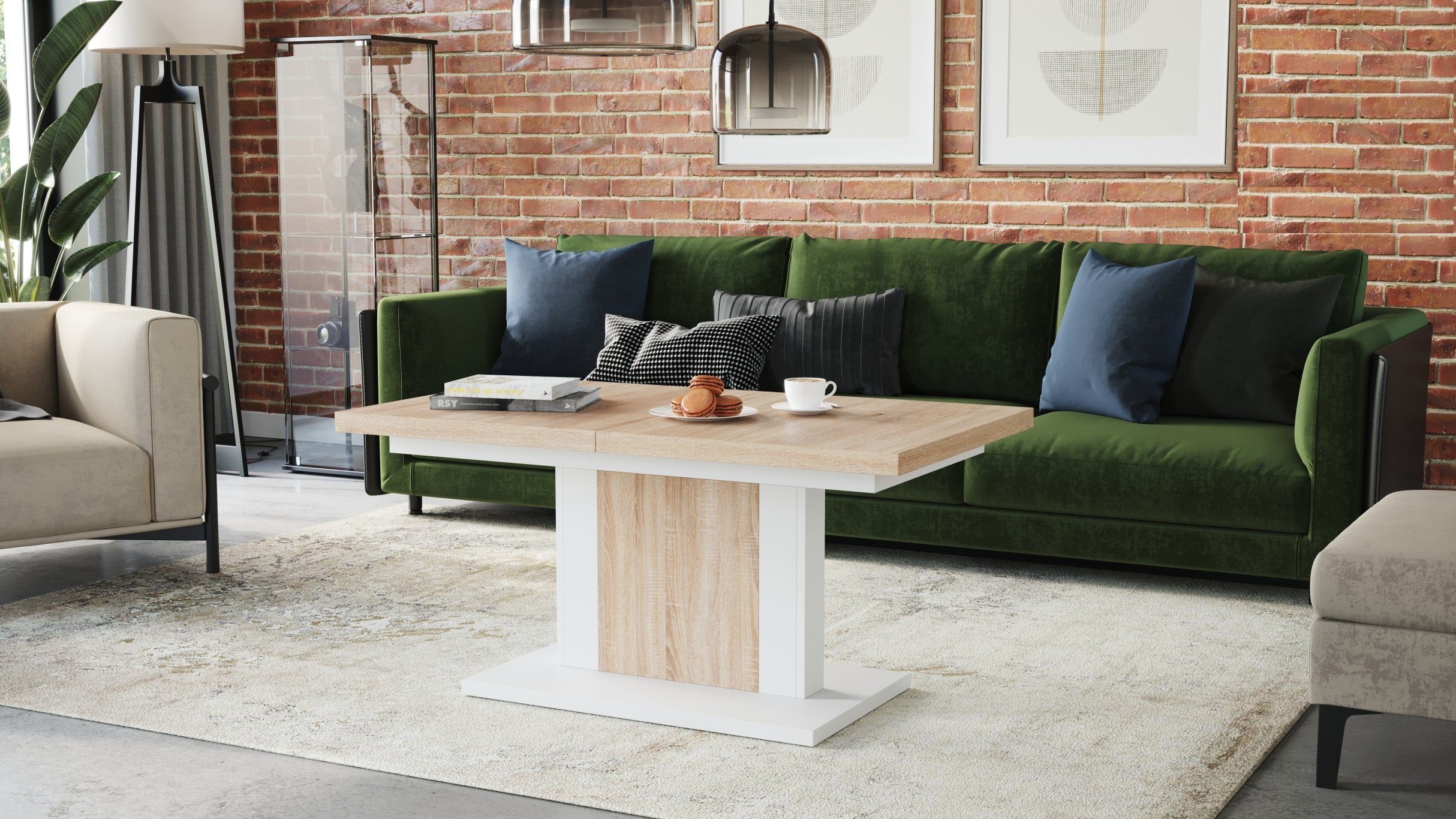 designimpex Couchtisch Design Couchtisch Orion stufenlos höhenverstellbar ausziehbar Esstisch Sonoma Eiche / Weiß matt