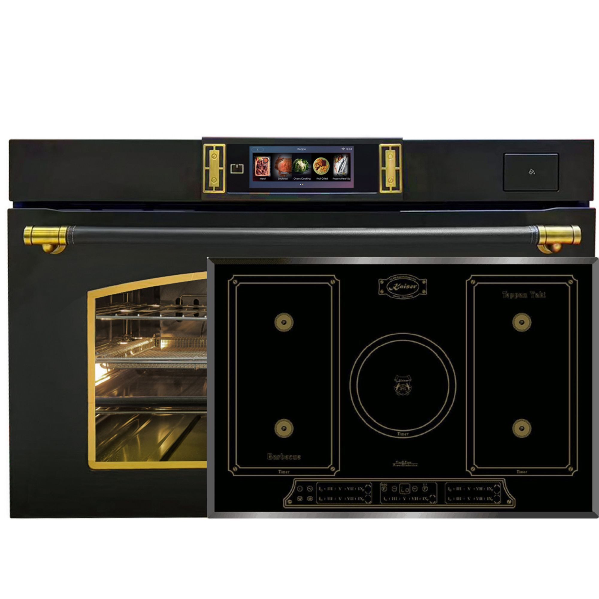 Kaiser Küchengeräte Backofen-Set Herd Set Autark Retro Backofen XXL Dampfbackofen 133 L, 90 cm, TFT FullTouch Display, 37 Programmen: 100 % Dampfgaren, Sous-Vide, Gären, Heißluft PLUS+Induktionskochfeld 77cm EH 9361 AD+KCT 7797 FI Em, mit 1-fach-Teleskopauszug