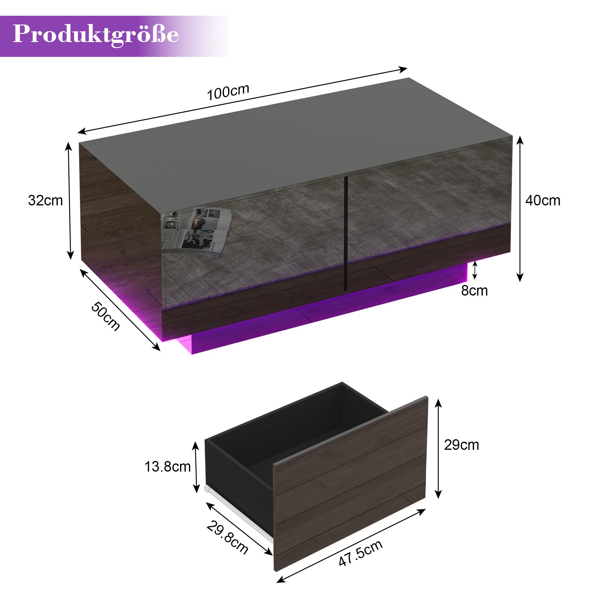 Hyaapwod Couchtisch Hochglanz-Couchtisch mit Schublade und offenem Fach (1-St), mit LED-Beleuchtung, Schwarz – Bild 3 von 5