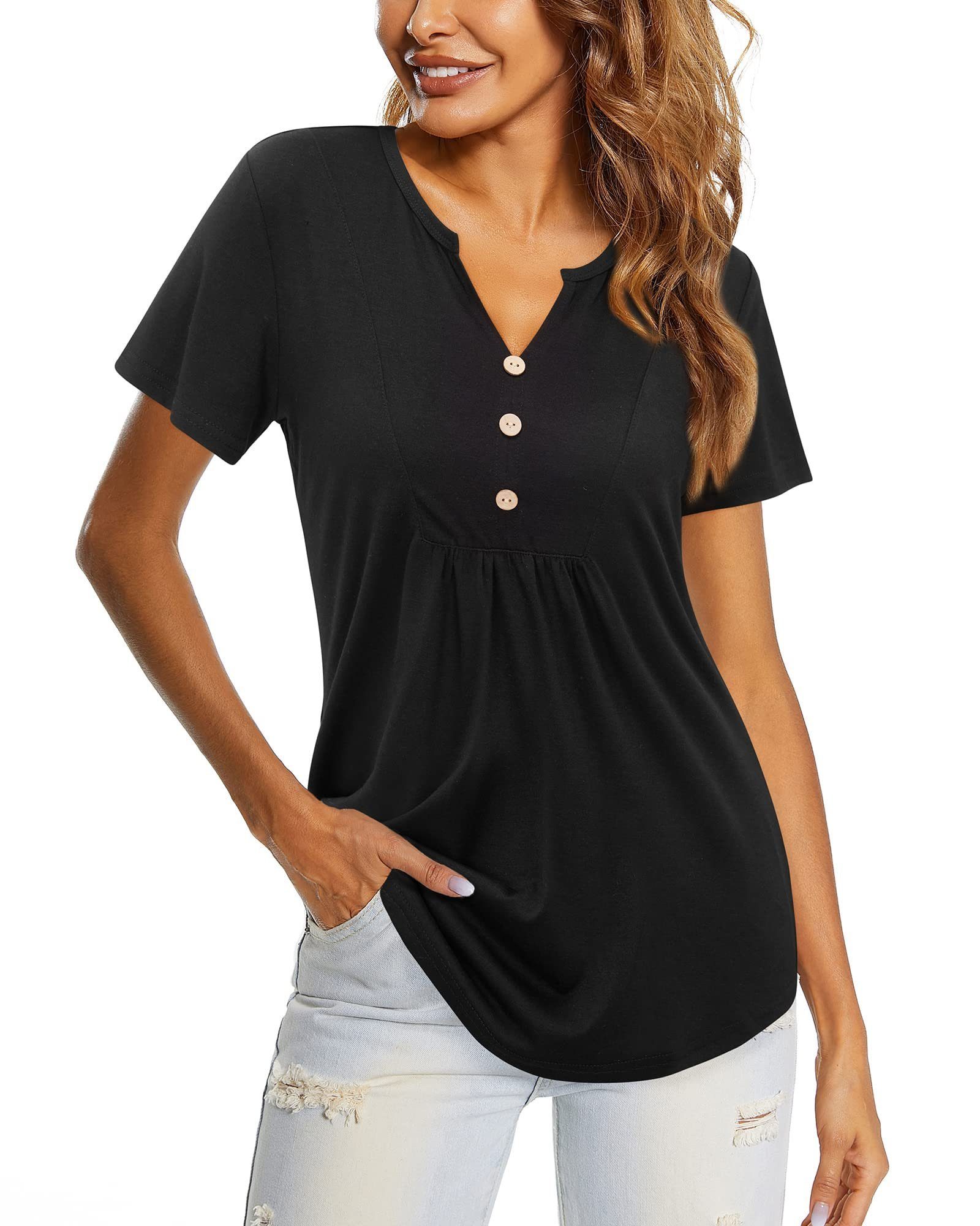 G4Free T-Shirt Shirt Schwarz Oberteile shirts Plissiert T Tunika Damen Kurzarm Ausschnitt V
