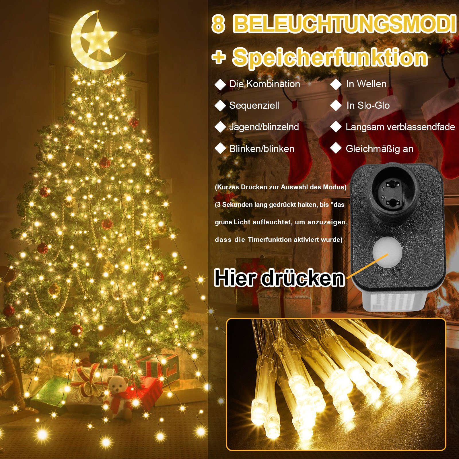 LED-Baummantel Baum Topper Stränge, Modi, Speicherfunktion; Timer, 3.47M, für 9 Mondstern; Dach mit 8 Rosnek Deko; Weihnachten, wasserdicht, Warmweiß Ramadan; 350-flammig, Innenhof