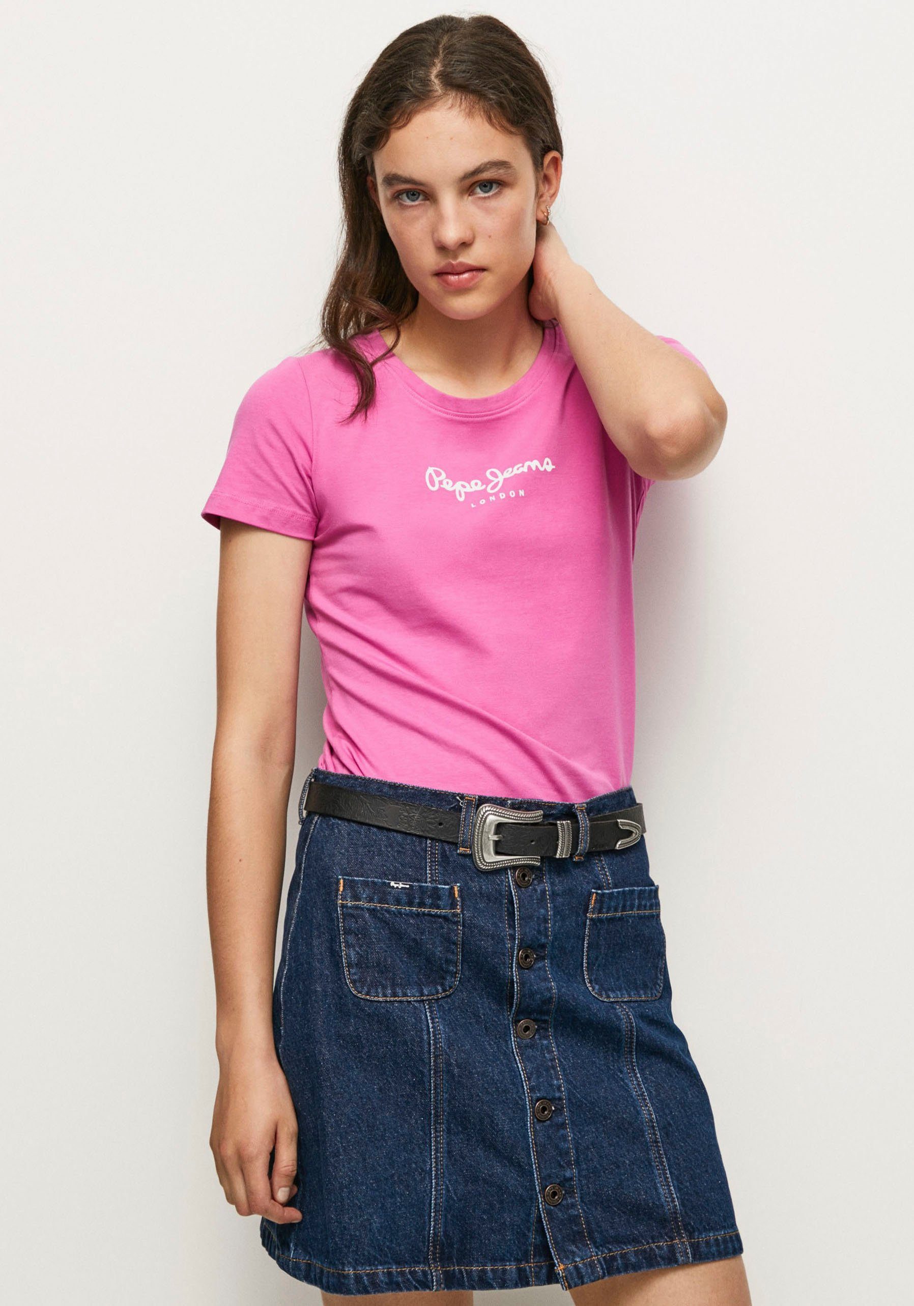 figurbetonter unifarbener 363ENGLISH T-Shirt ROSE in und Passform schlichter Jeans Pepe Optik VIOLETTE in
