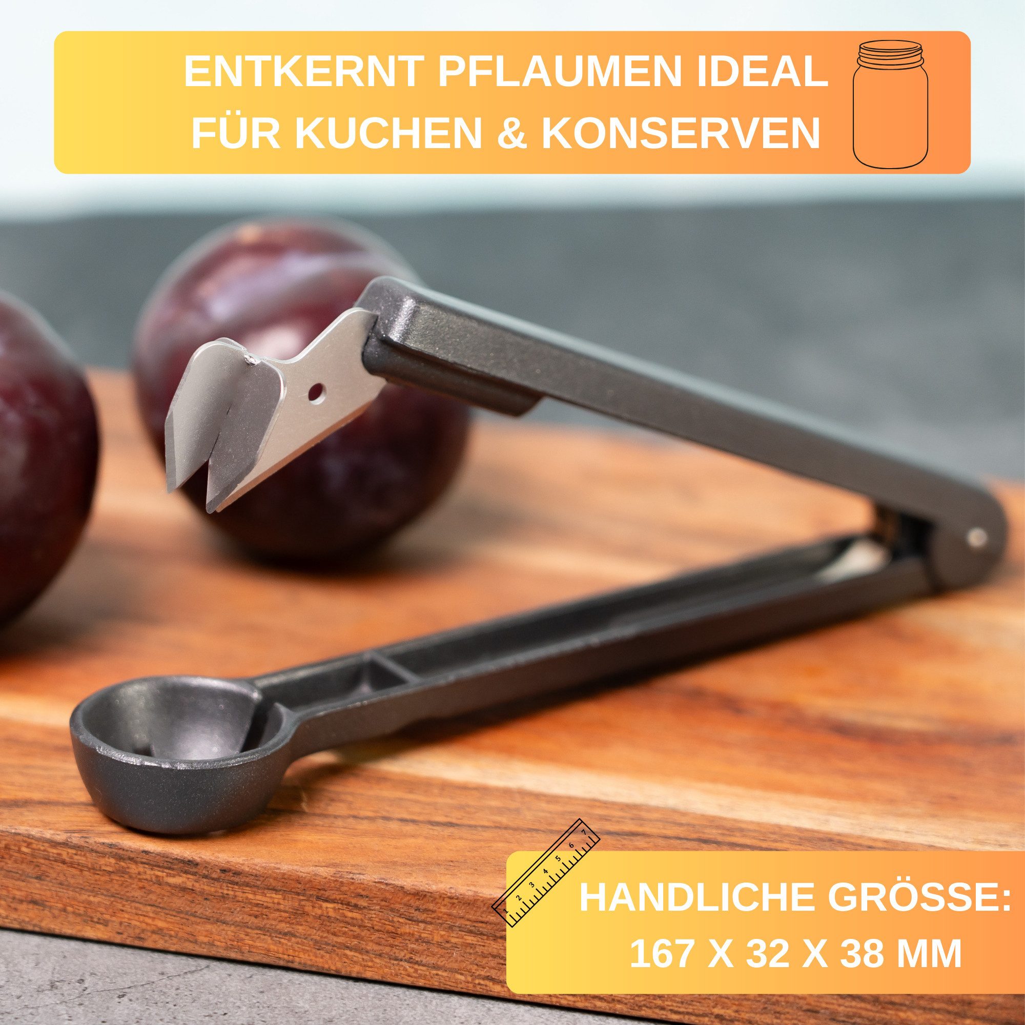 Thiru Entkerner mit robustem sternförmigen Entkernstößel, Pflaumenensteiner, Made in Germany, speziell gehärtetes Messer
