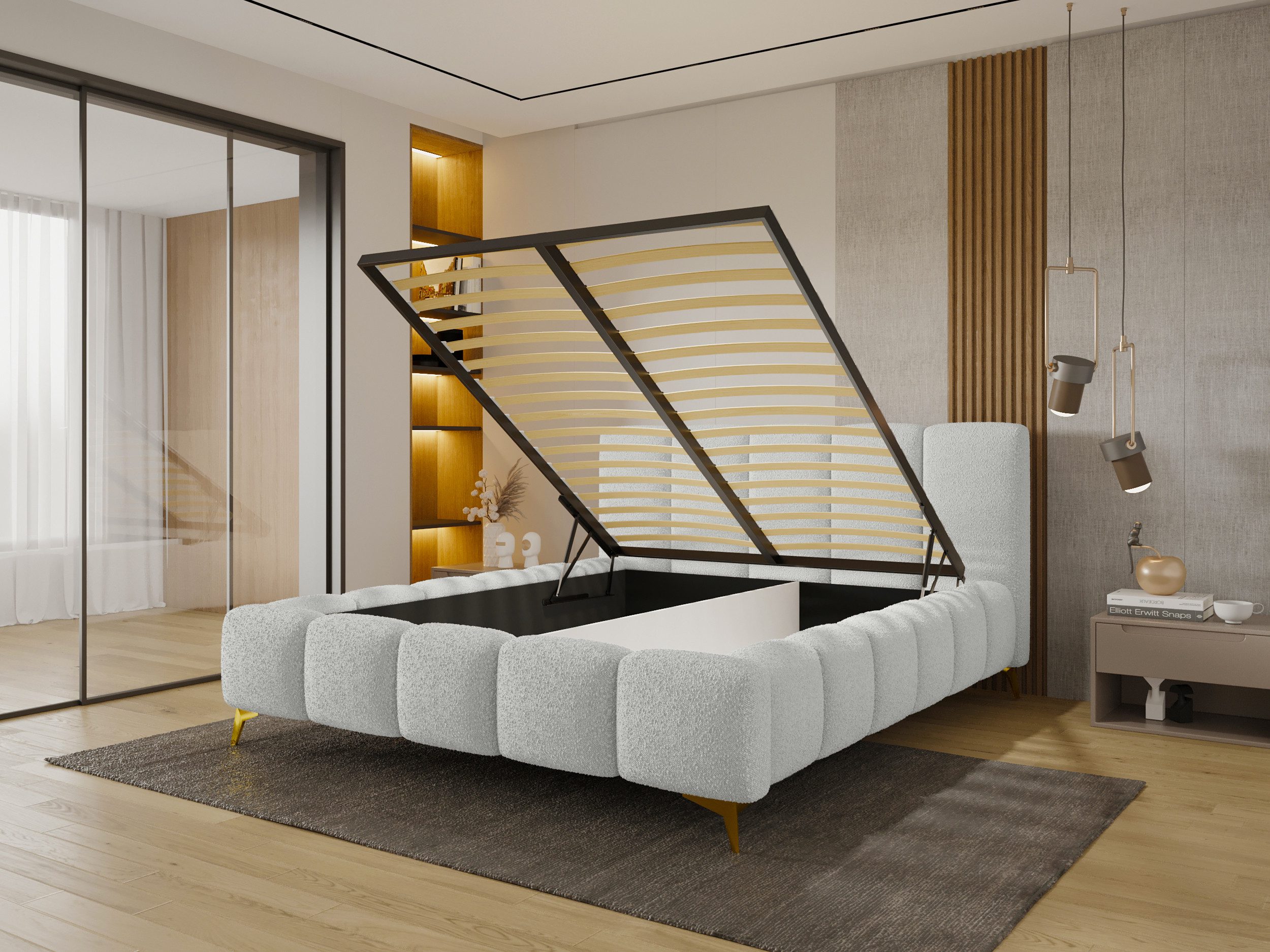 Parllo Polsterbett Bouclé mit Stauraum Hubfunktion Bettkasten Metallrahmen gepolstert (Boxbett ohne Matratze in vielen Farben, 1-tlg., 120x200 140x200 160x200 180x200 200x200cm), Doppelbett gepolstertes Kopfteil modern