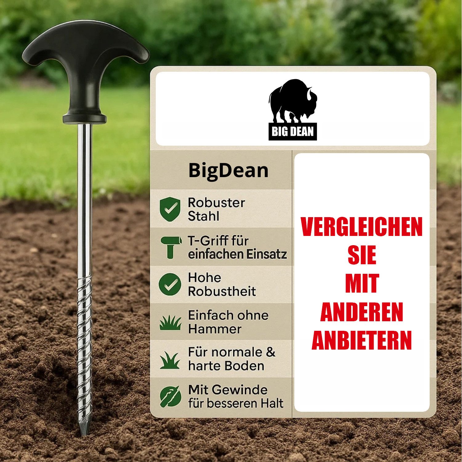 BigDean Zelthering 24 Stück Heringe Erdnägel stabil auch für Harte Böden Zeltheringe, (Packung, 24-St., Zeltheringe), Eindrehbar, Kein Hämmern, Schutzkappen – Bild 3 von 5
