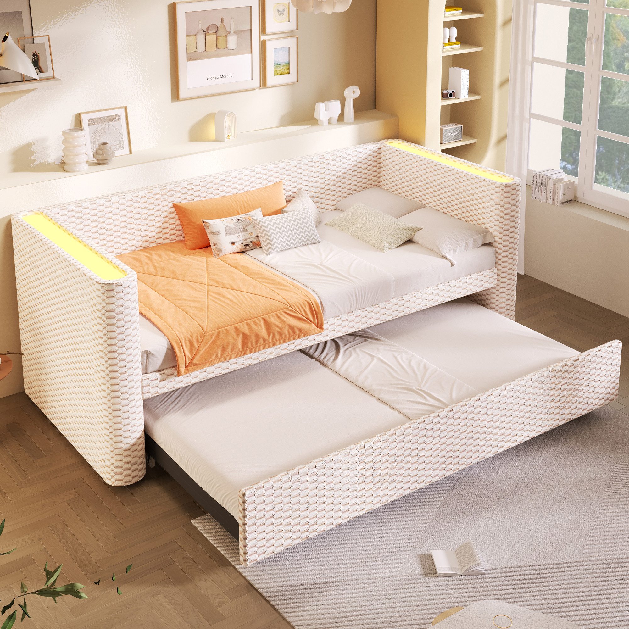 Flieks Daybett, LED Polsterbett Kinderbett Schlafsofa 90/180×200cm mit Ausziehbett