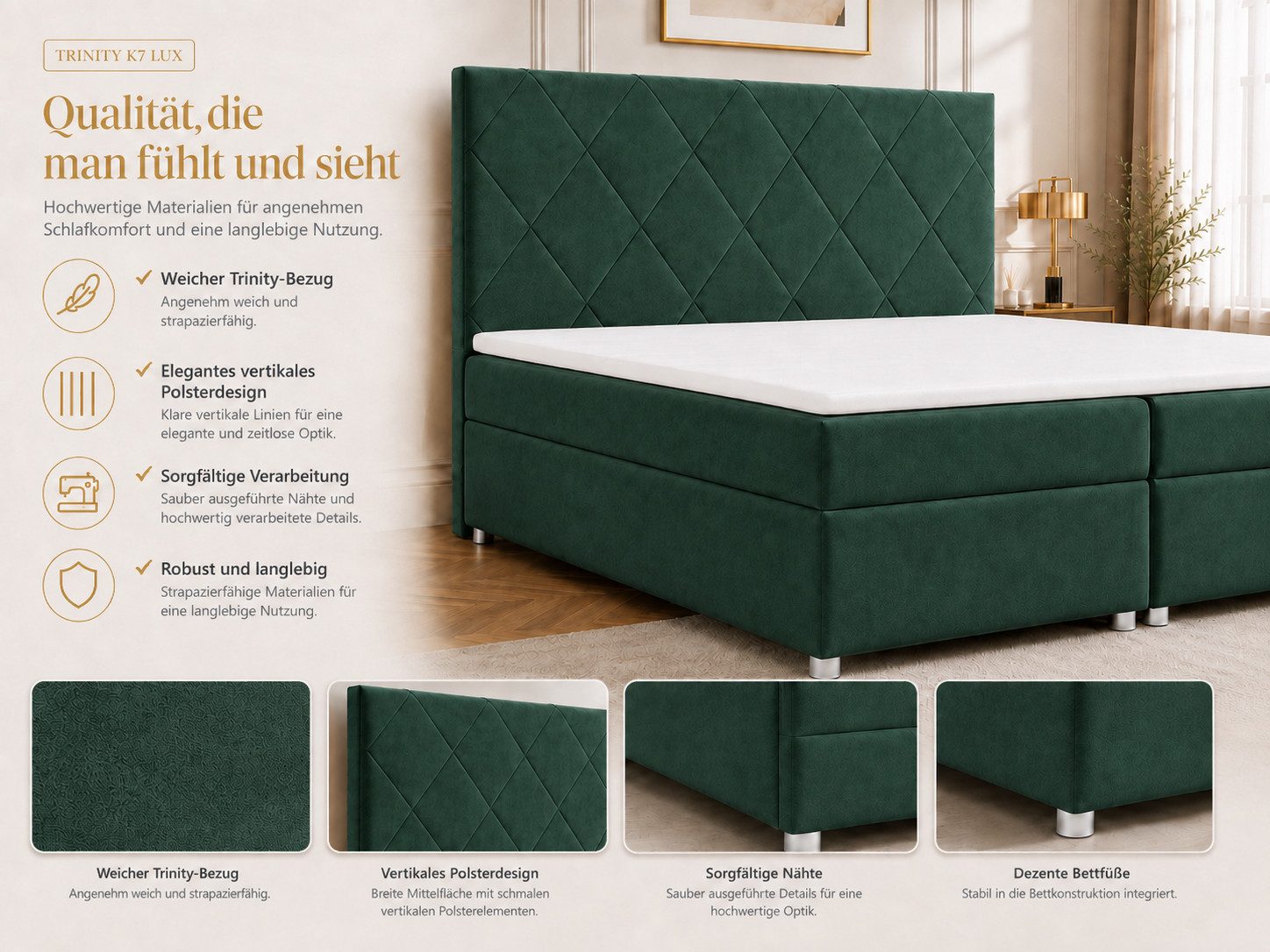 Best for Home Boxspringbett mit Bettkasten Trinity K-7 Bonellfederkern inkl. Komfort Topper H3 (Komplett-Set, 1-St., 140x200 160x200 180x200 200x200 cm), Handwe – Bild 4 von 5