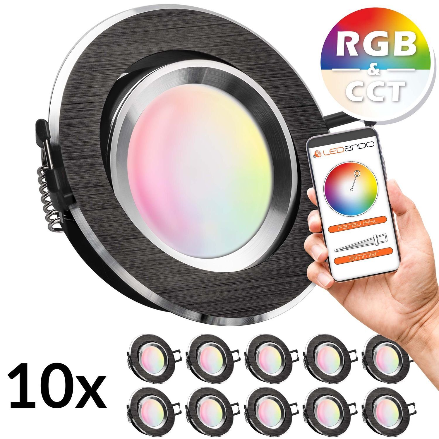 LEDANDO LED Einbaustrahler 10er RGB - CCT LED Einbaustrahler Set extra flach in schwarz mit 5W Le