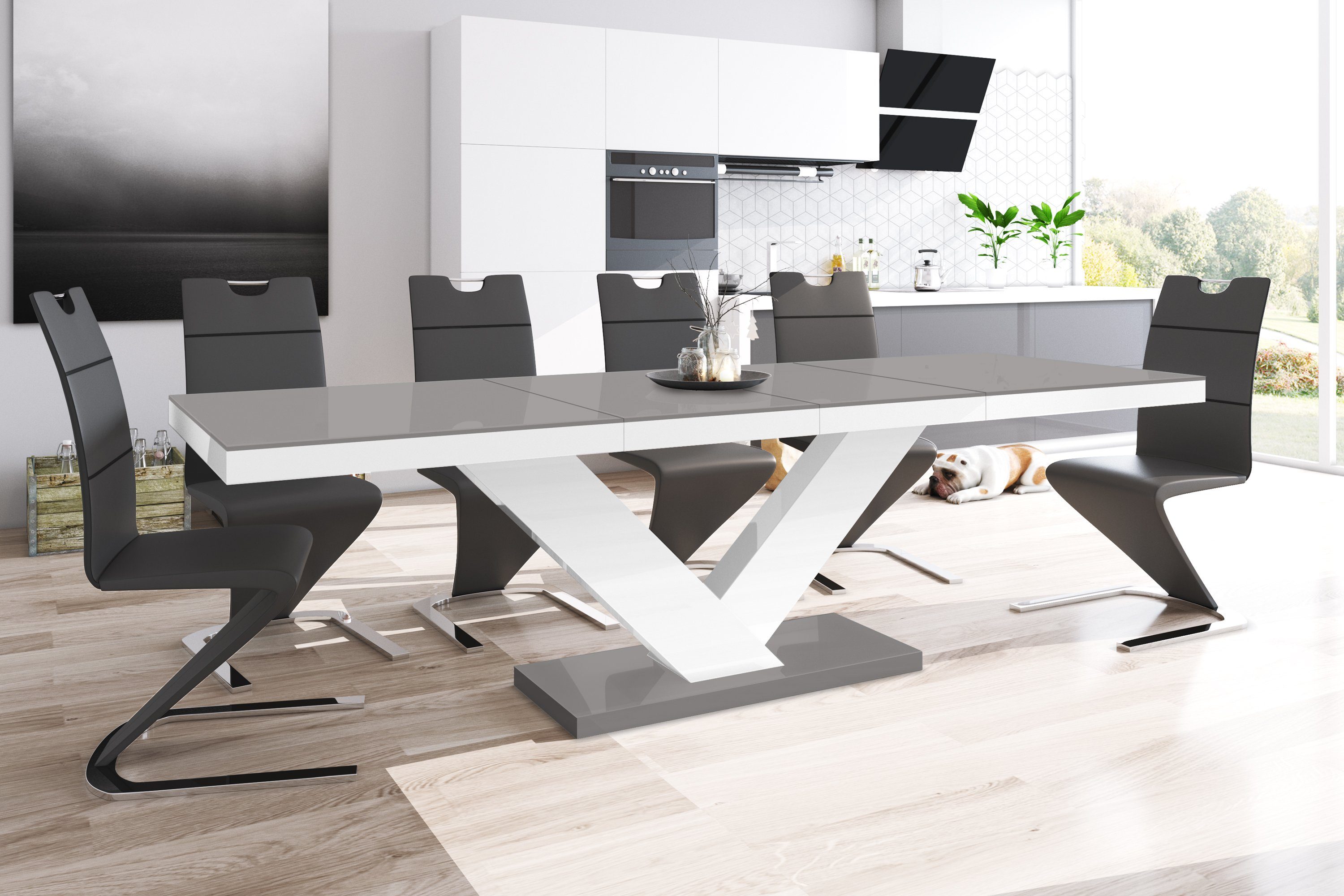 designimpex Esstisch Design Tisch HE-999 Grau / Weiß Hochglanz ausziehbar 160 bis 256 cm Grau Hochglanz / Weiß Hochglanz