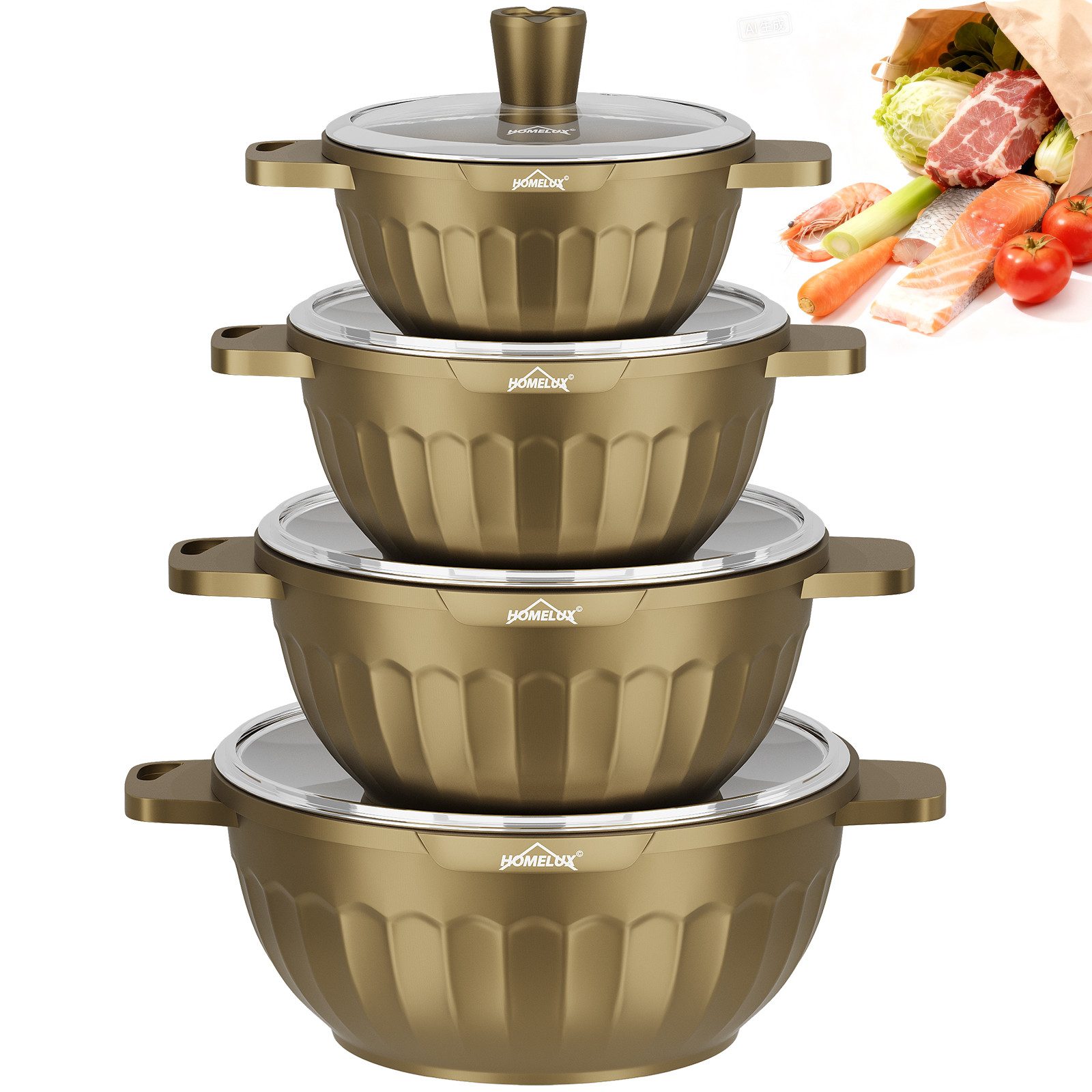 HOMELUX Topf-Set 8-tlg Kochtopf Set Induktions 20/24/28/32cm Töpfe Set mit Deckel, Aluminium (Kochtöpfe Induktions für Alle Herdarten), Induktion, Antihaft-beschichtung