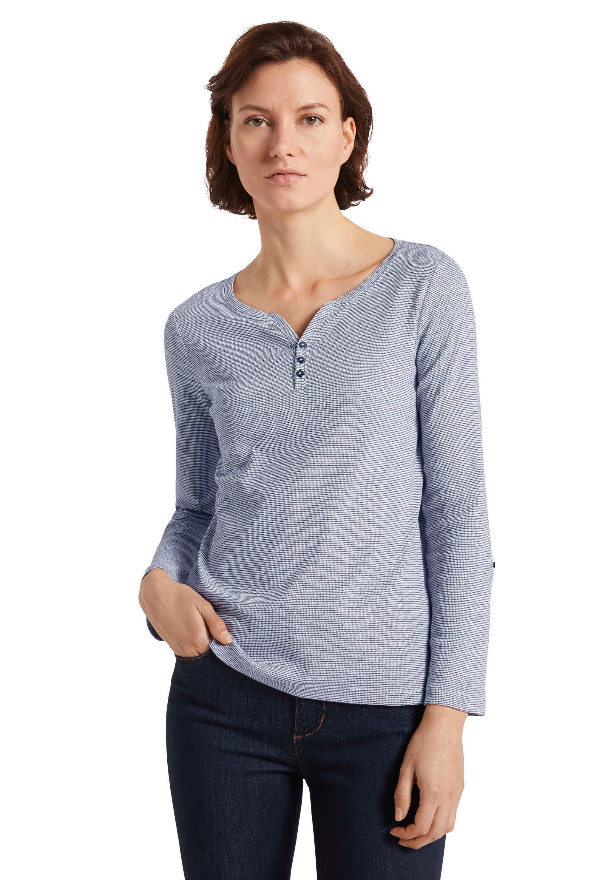 TOM TAILOR Henley-Ausschnitt Langarmshirt wollweiß-navy-gestreift mit