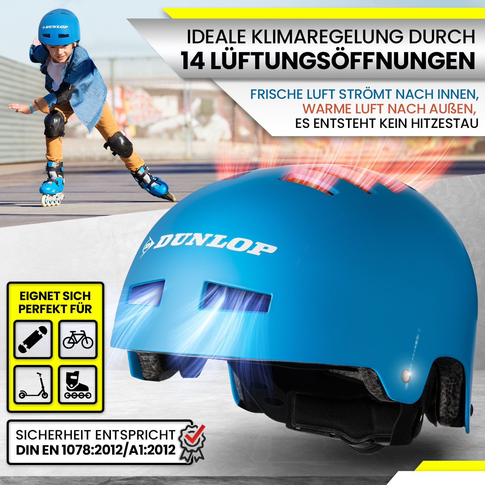 Dunlop Fahrradhelm Fahrradhelm Skaterhelm Helm S-L, Test Sehr Gut - Leichter robuster Allrounder Helm, Schnellverschluss – Bild 5 von 5