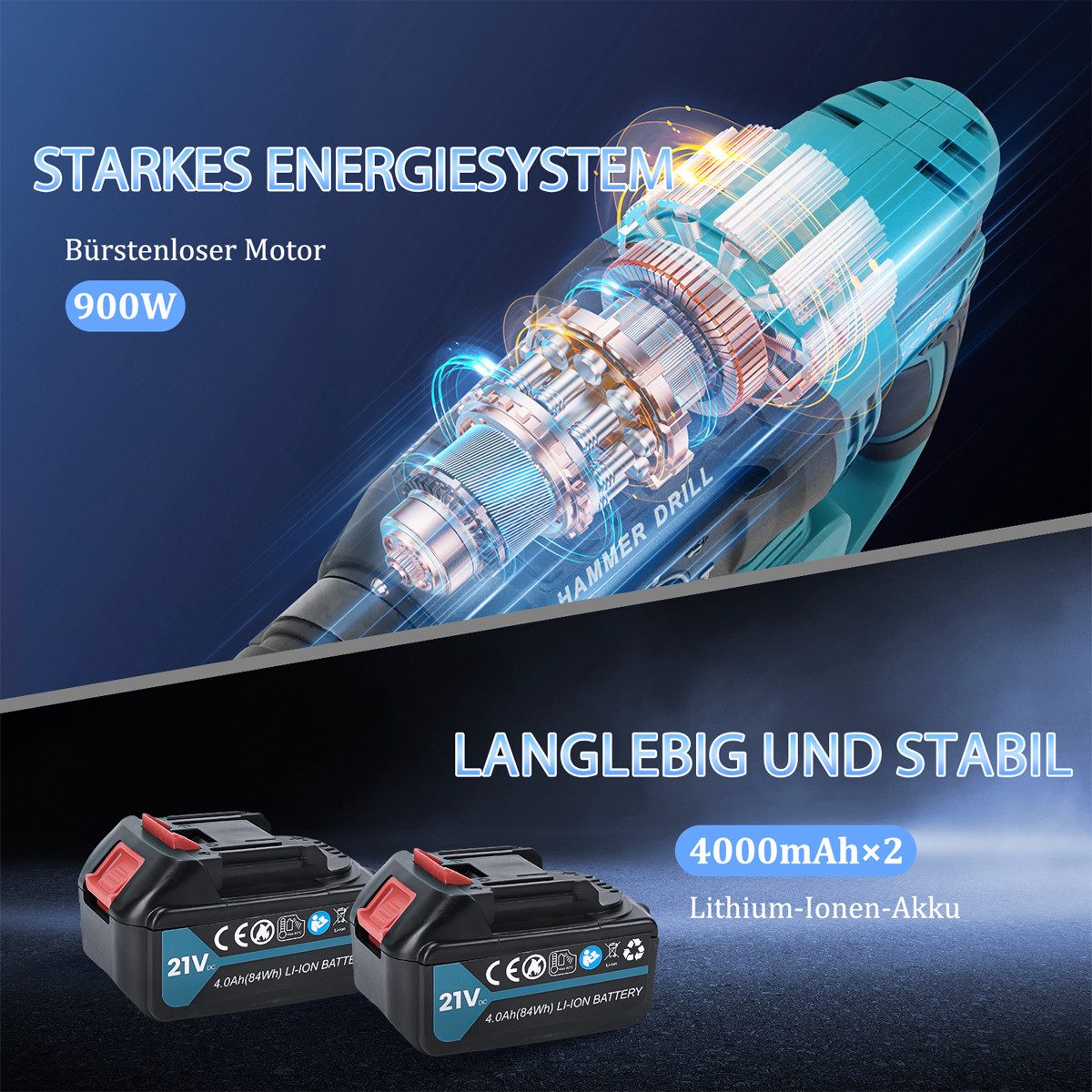 AeroAxis Akku-Bohrhammer 3 in 1 900W Bürstenloser Bohrhammer Motor für Beton, Mauerwerk, Wände, 21 V, max. 1500 U/min, (Set, 2 x Meißelbohrer, 3 x Bohrer, 1 x Staubschutz, 1 x Schutzbrille), 2 * 4000mAh Akku, 360°-Drehgriff für den Heimgebrauch und Bauarbeiten