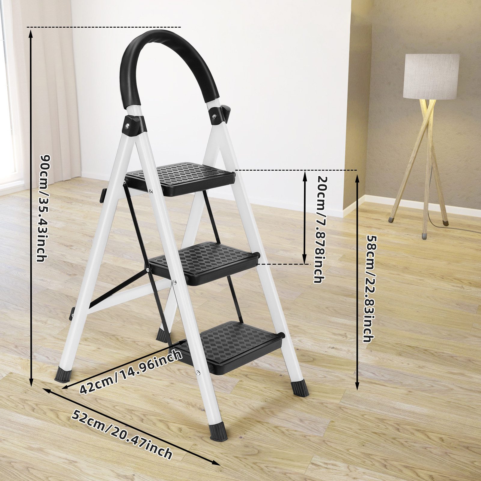 Rutaqian Klapptritt Trittleiter Leiter Tragbare 3-stufige Leiter mit Handläufen (Set, 1-St), bis 150 kg, Stufenleiter für Zuhause, Küche & Garten – Bild 2 von 5