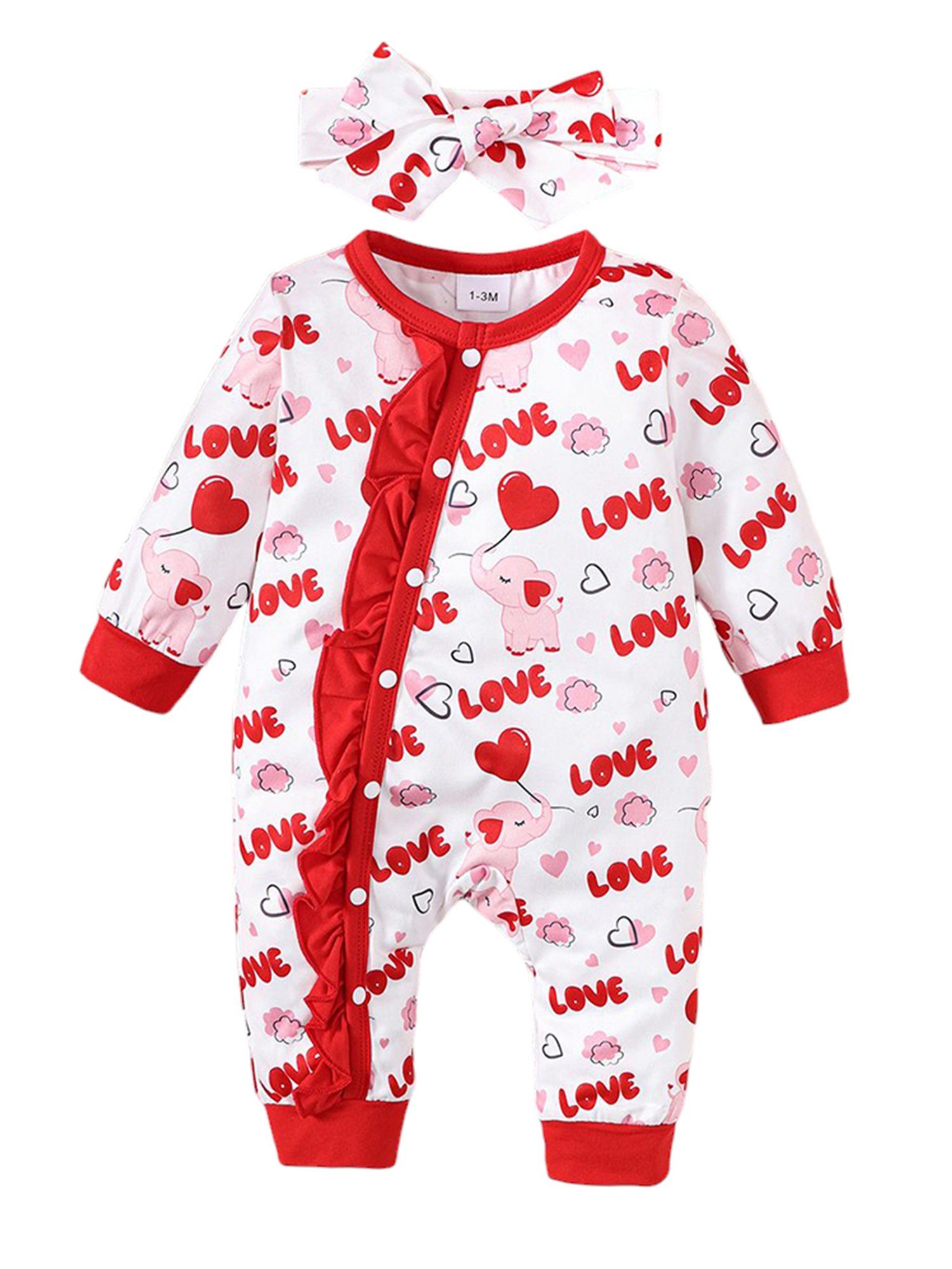 LAPA Strampler Neugeborenen Baby Mädchen Kleidung Liebesdruck Elefantendruck Overalls (Set, 2-tlg) Langarm Frühling/Herbst Bodysuit Stirnband Outfits