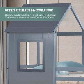 SOFTWEARY Etagenbett mit 2 Schlafgelegenheiten, Lattenrost und Leiter (90x200 cm), Kiefer, Hausbett inkl. Rausfallschutz, Kinderbett
