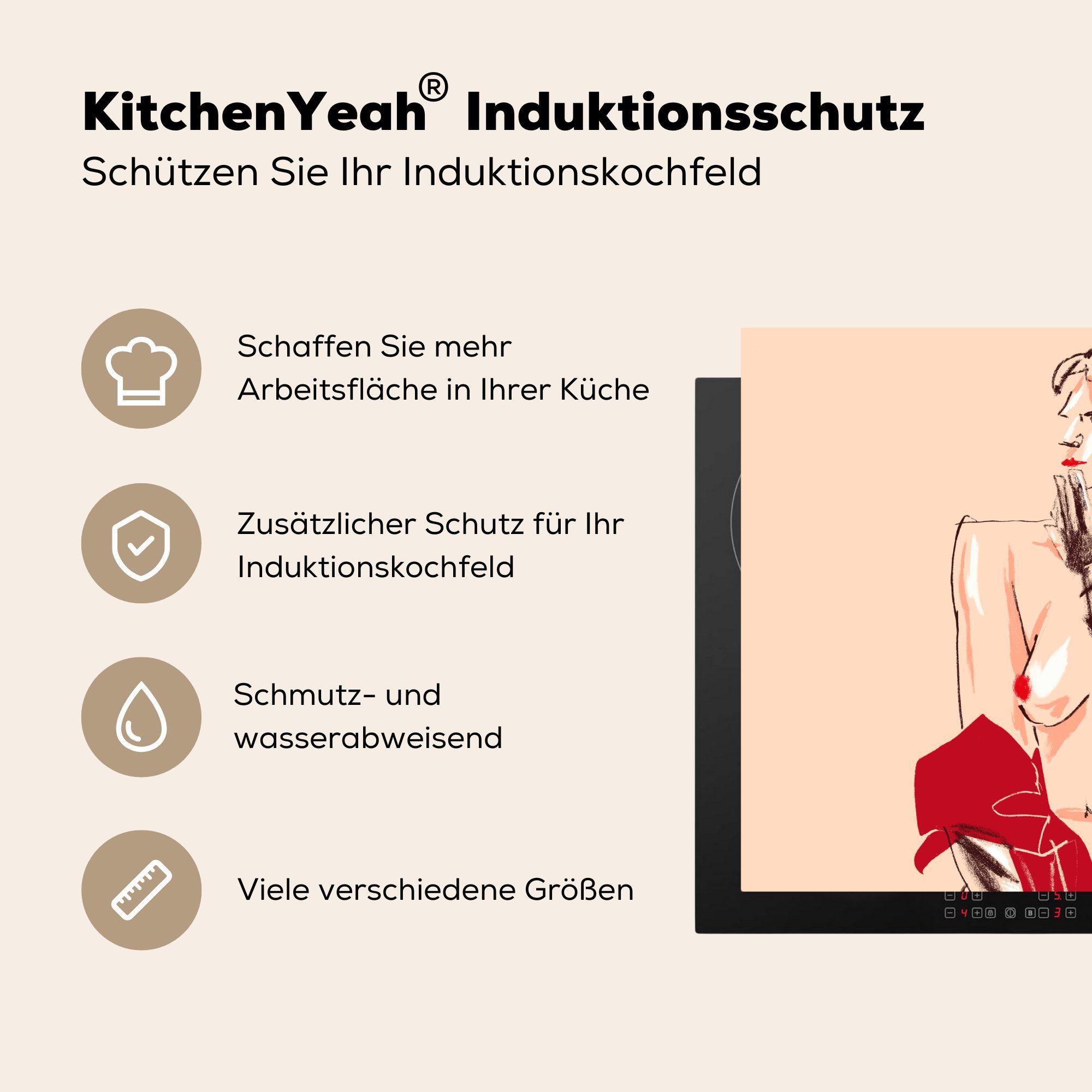 Mobile Ceranfeldabdeckung nutzbar, Frau - - Arbeitsfläche (1 60x52 cm, Porträt MuchoWow Rot, tlg), Herdblende-/Abdeckplatte Pastell Vinyl, -