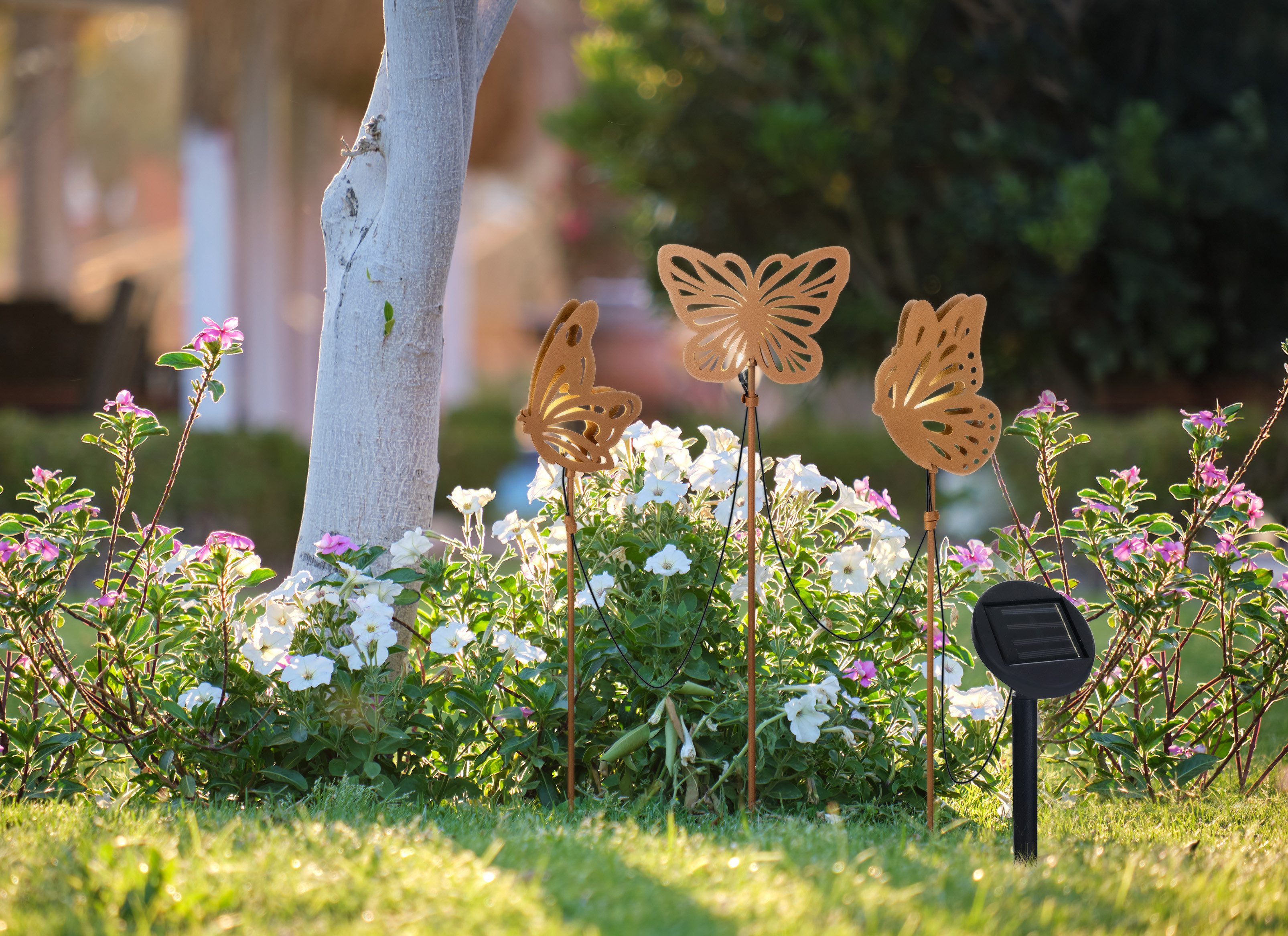 näve LED Solarleuchte Butterfly, LED fest integriert, Warmweiß, 3tlg. Dekoleuchte Schmetterling, braun, Lichtfarbe warmweiß, H: 52cm