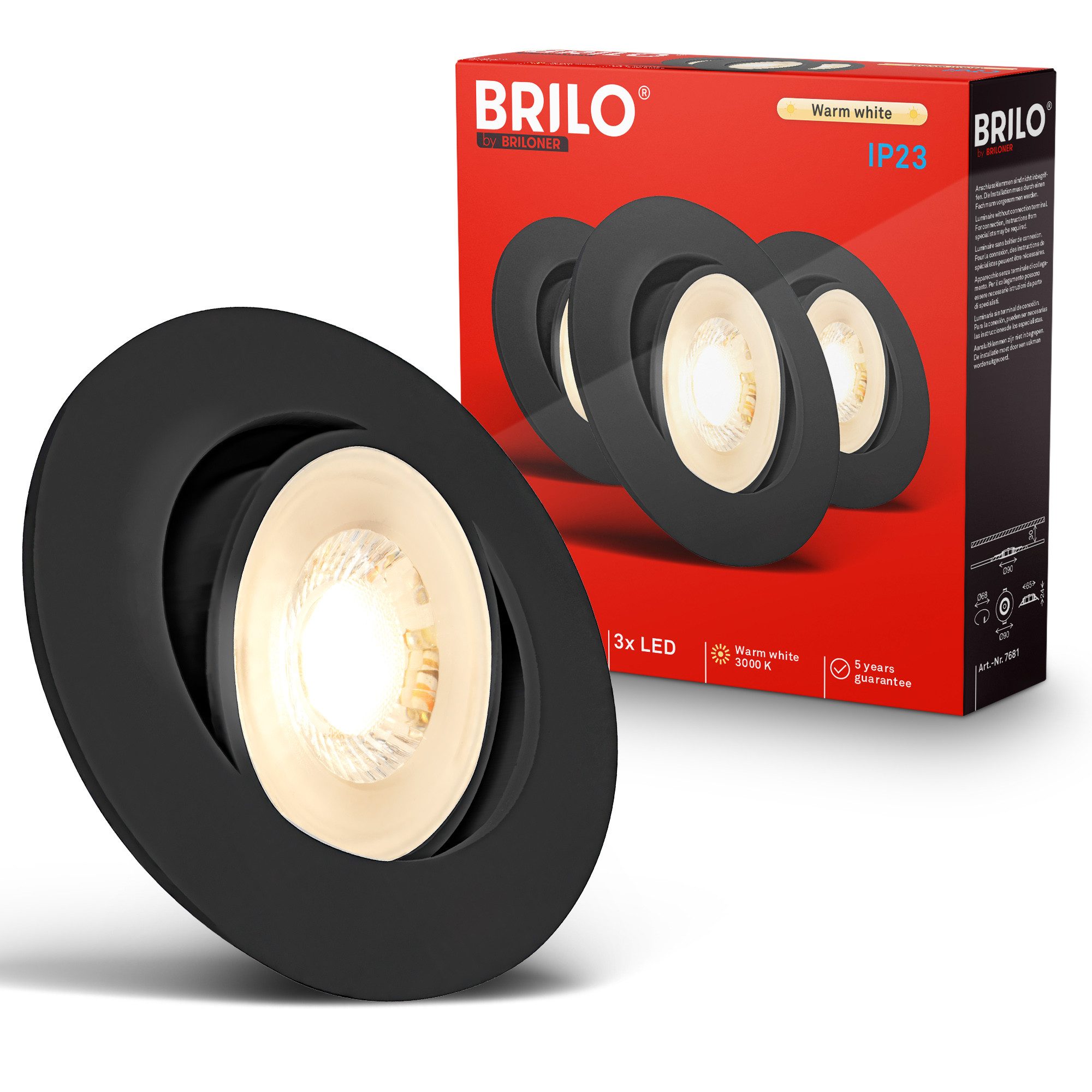 Briloner Leuchten LED Einbauleuchte Einbaustrahler 3er Set Dimmbar Schwenkbar, Standard, LED fest integriert, Warmweiß, 90x24 mm, Wohnzimmer, Flur