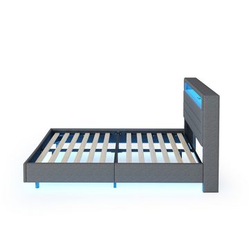 MODFU Polsterbett mit USB-Steckdose und LED-Licht, wendbares Kopfteil (verdecktes Fußteil, Doppelflachbett, Jugendbett, Erwachsenenbett, Leinenstoff), 140x200 cm